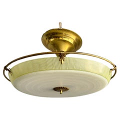 Unique MidCentury Modern Artistic Glass Art Flush Mount with Brass Ring, 1950s