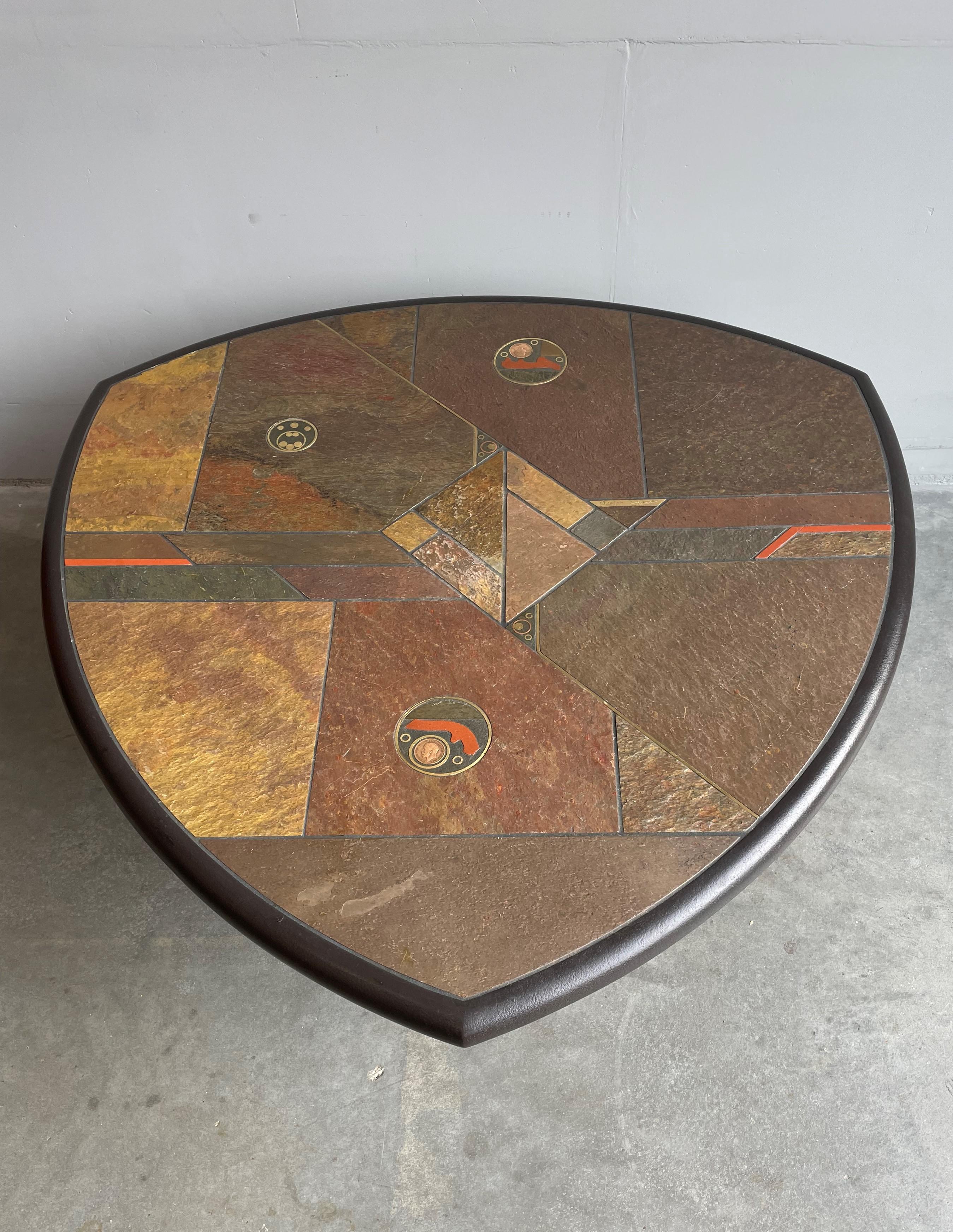 Unique Midcentury Modern Paul Kingma Brutalist Slate & Inlaid Brass Coffee Table 6