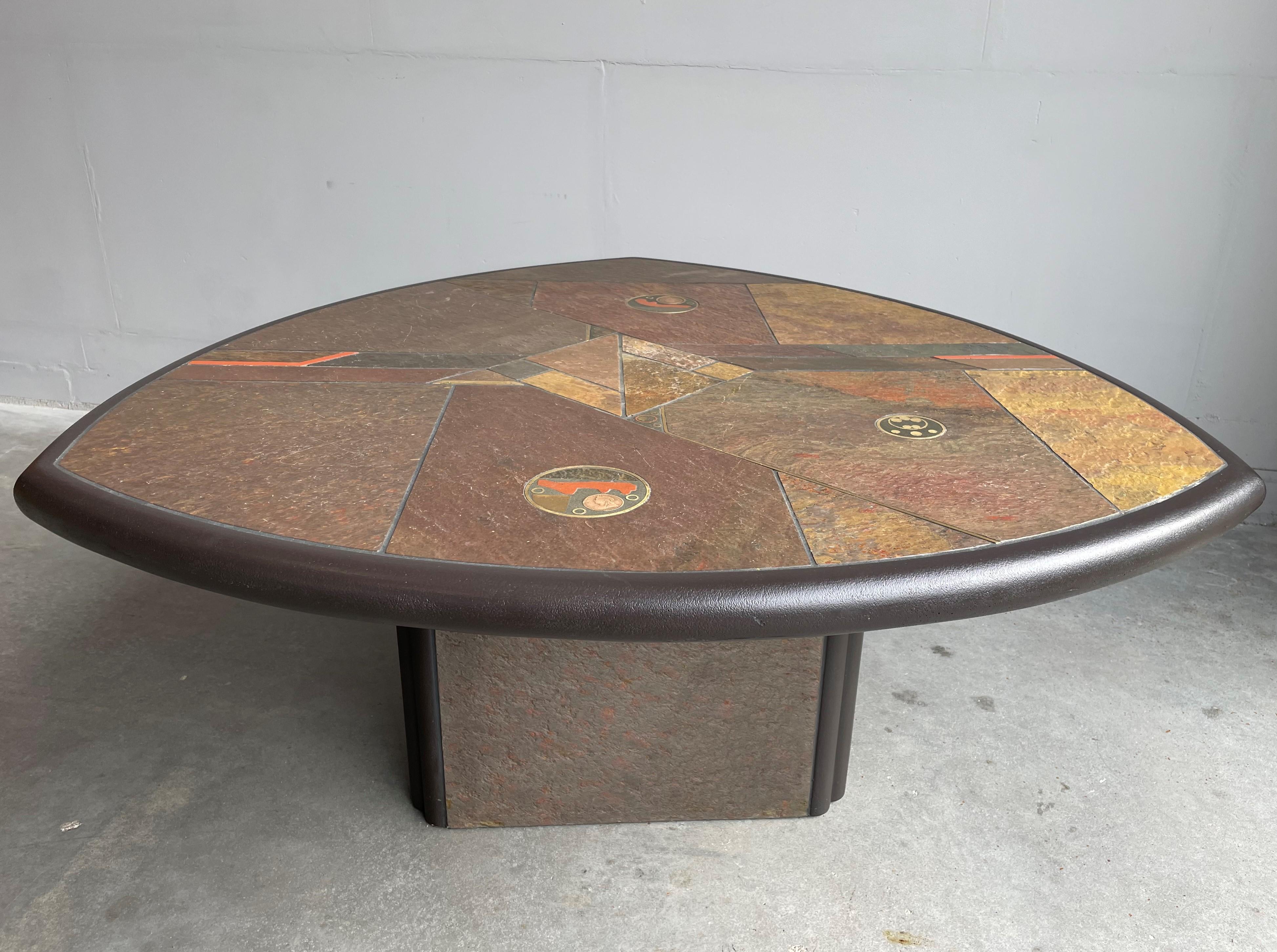 Dutch Unique Midcentury Modern Paul Kingma Brutalist Slate & Inlaid Brass Coffee Table