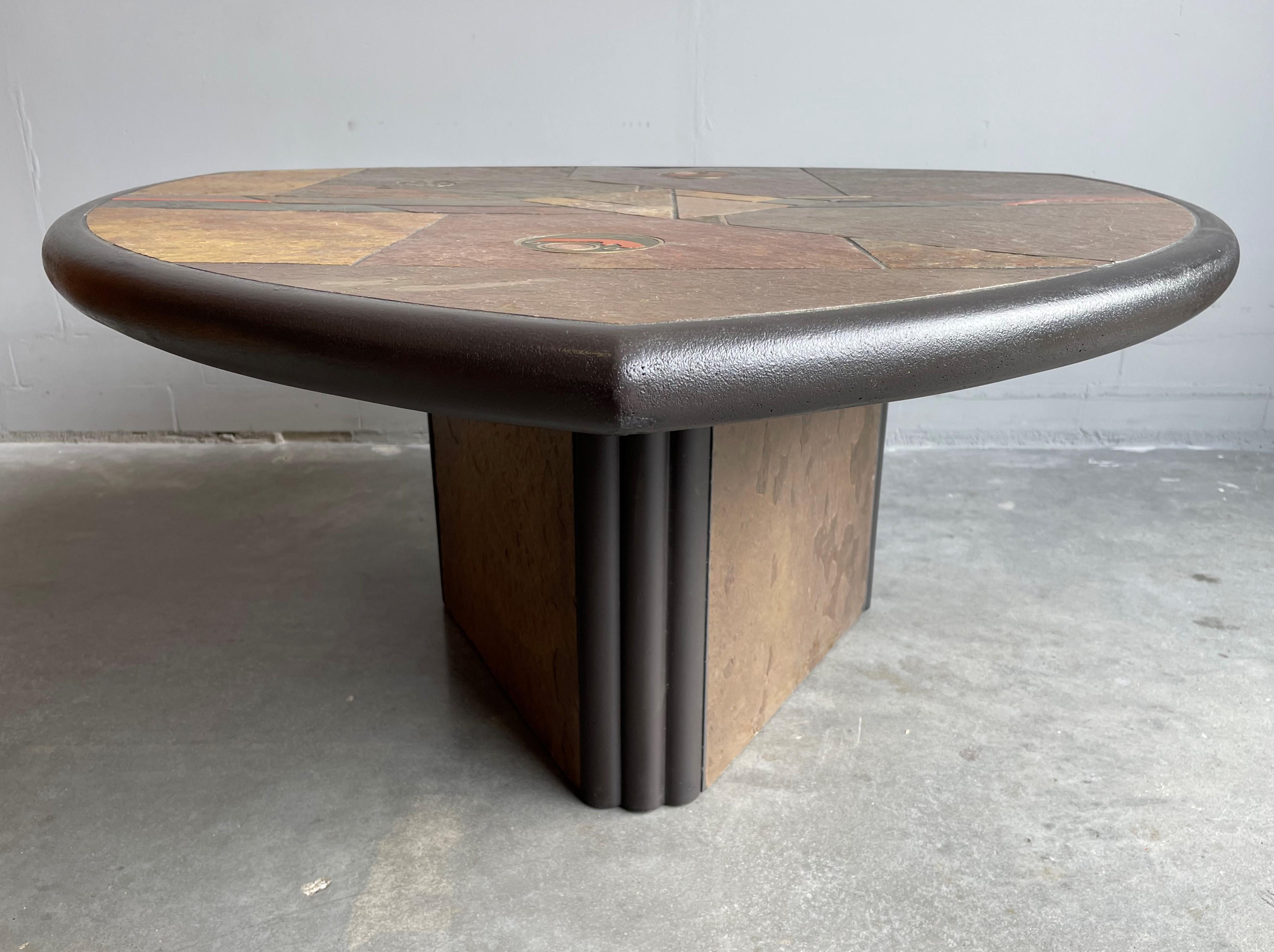 Hand-Crafted Unique Midcentury Modern Paul Kingma Brutalist Slate & Inlaid Brass Coffee Table