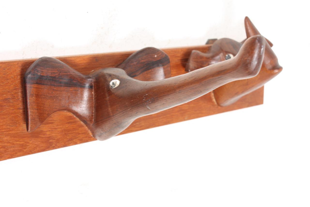 Scandinavian Modern Unique Midcentury Wall-Mounted Coat Rack in Solid Rosewood, Made in Denmark For Sale
