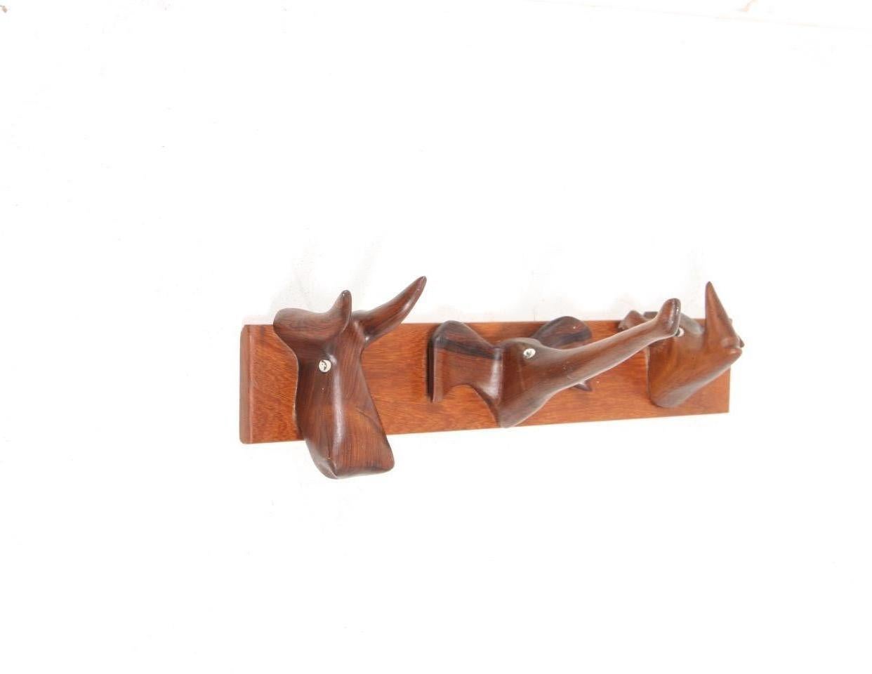 Mid-20th Century Unique Midcentury Wall-Mounted Coat Rack in Solid Rosewood, Made in Denmark For Sale