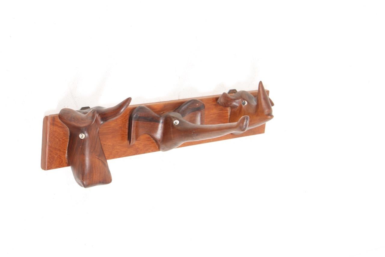 Unique Midcentury Wall-Mounted Coat Rack in Solid Rosewood, Made in Denmark For Sale 1