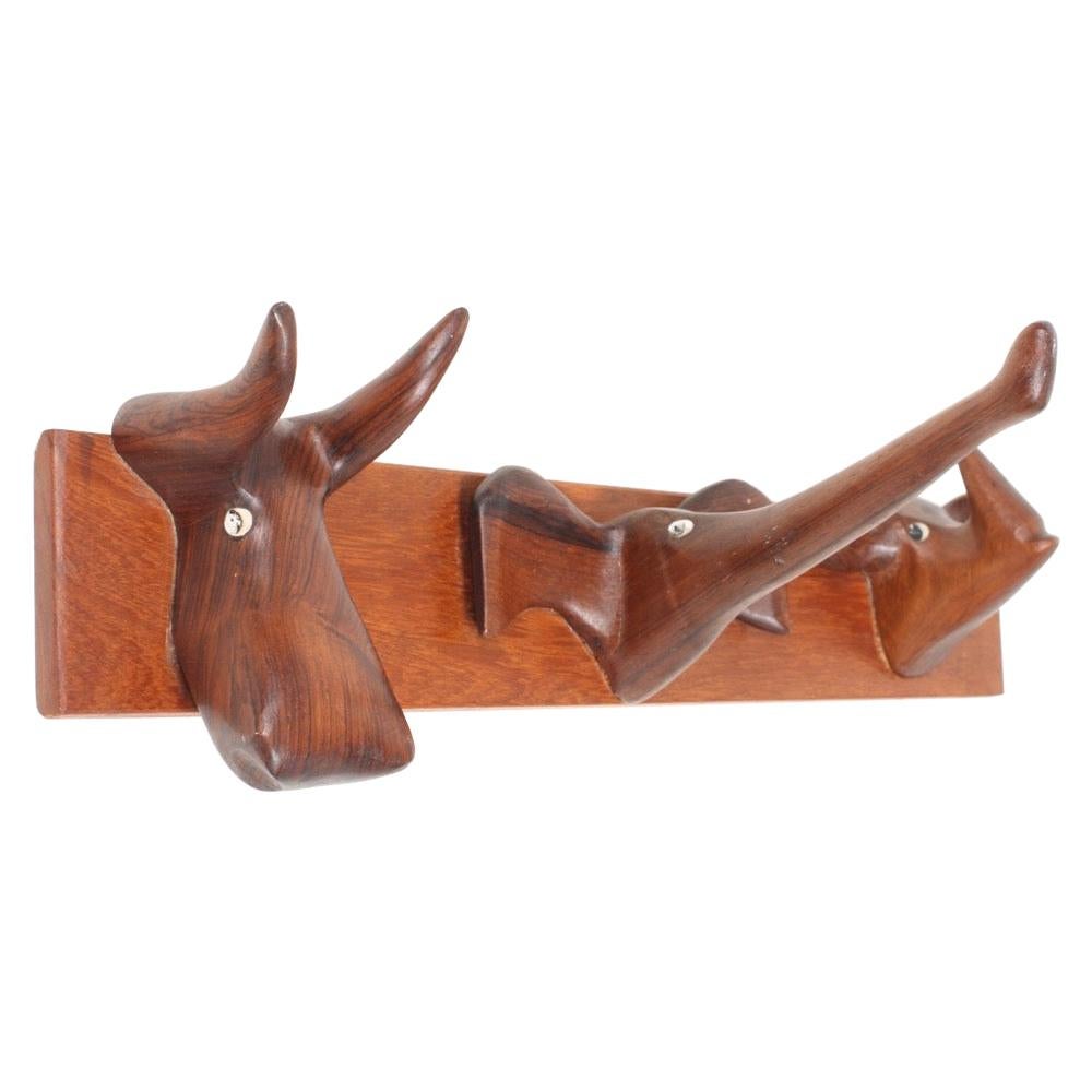 Unique Midcentury Wall-Mounted Coat Rack in Solid Rosewood, Made in Denmark For Sale