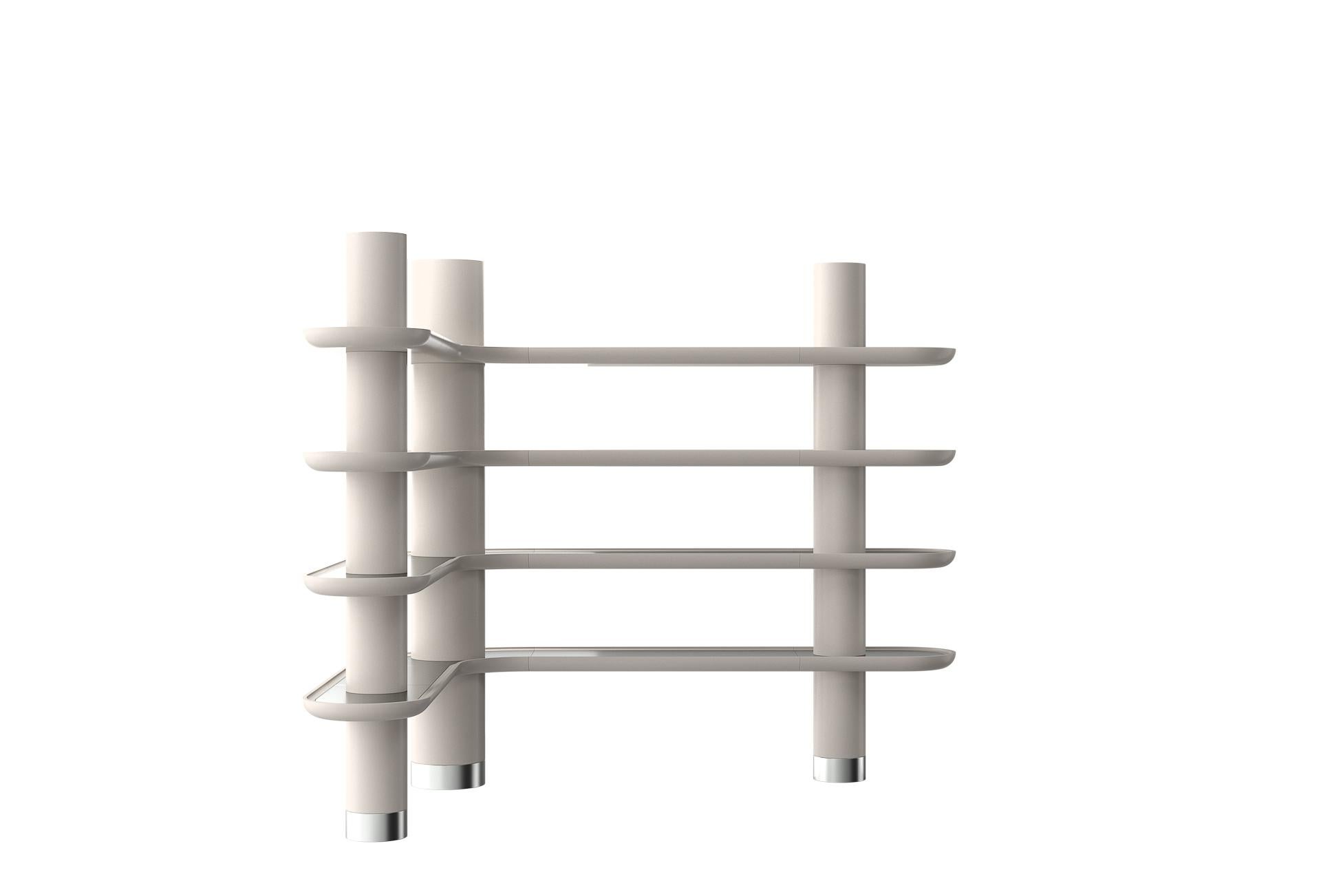 Unique, Mina A60 Modular Library Wall Units by Ultramobili
Dimensions:  W 224 x D 184 x H 194 cm
Materials: Lacquered structure, wooden, ceramic or inox inserts.

Modular composition of bookcase with 3 shelves, small drawer and storage unit.