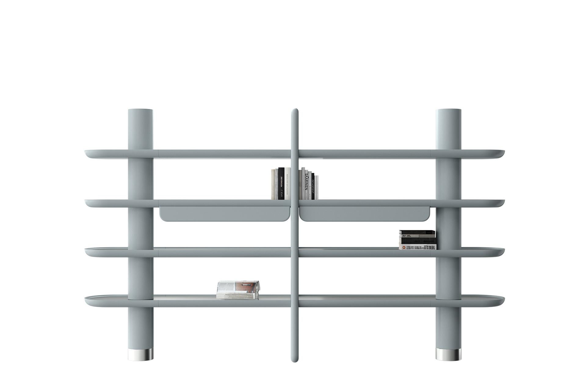 Unique, Mina Int 3 Modular Library Wall Units by Ultramobili
Dimensions:  W 326 x D 46 x H 194 cm
Materials: Lacquered structure, wooden, ceramic or inox inserts.

Bookcase composition with four level of shelves, two columns, thin drawers and