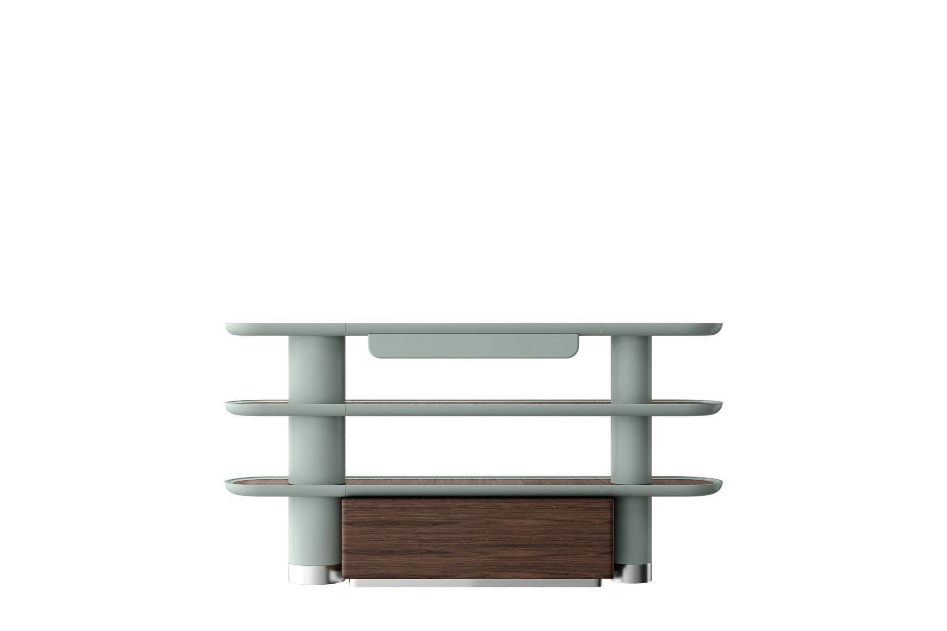Unique, Mina Int 4 Modular Library Wall Units by Ultramobili
Dimensions:  W 240 x D 47.5 x H 194 cm
Materials: Lacquered structure, wooden, ceramic or inox inserts.

Modular composition of bookcase with 3 shelves, small drawer and storage unit.