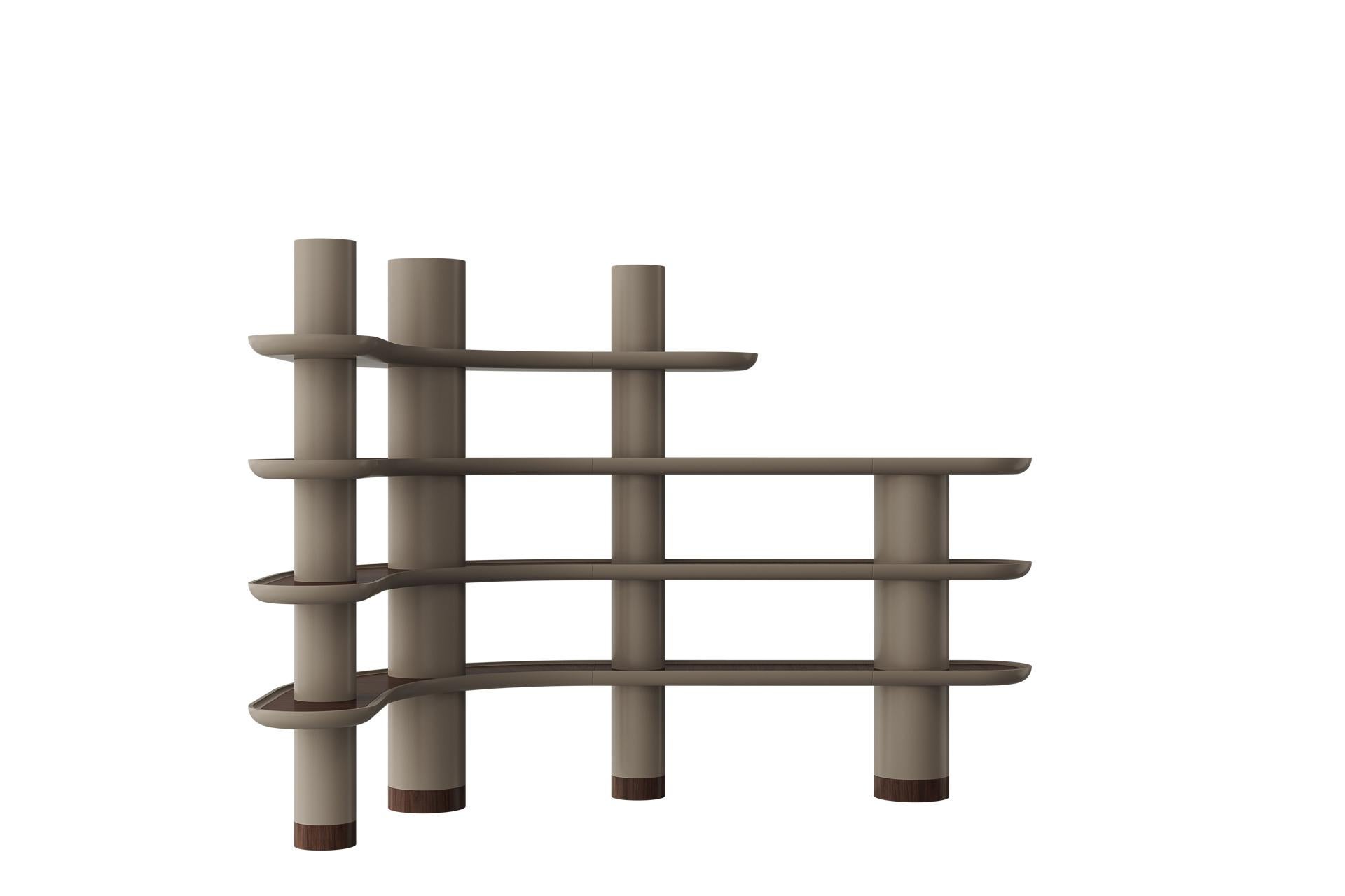 Unique, Mina Vintage Modular Library Wall Units by Ultramobili
Dimensions:  W 222 x D 164 x H 194 cm
Materials: Vintage Bronze effect handmade lacquered finish with Walnut Noce.

Modular library with 60 mm shelves and columns. Lacquered structure,