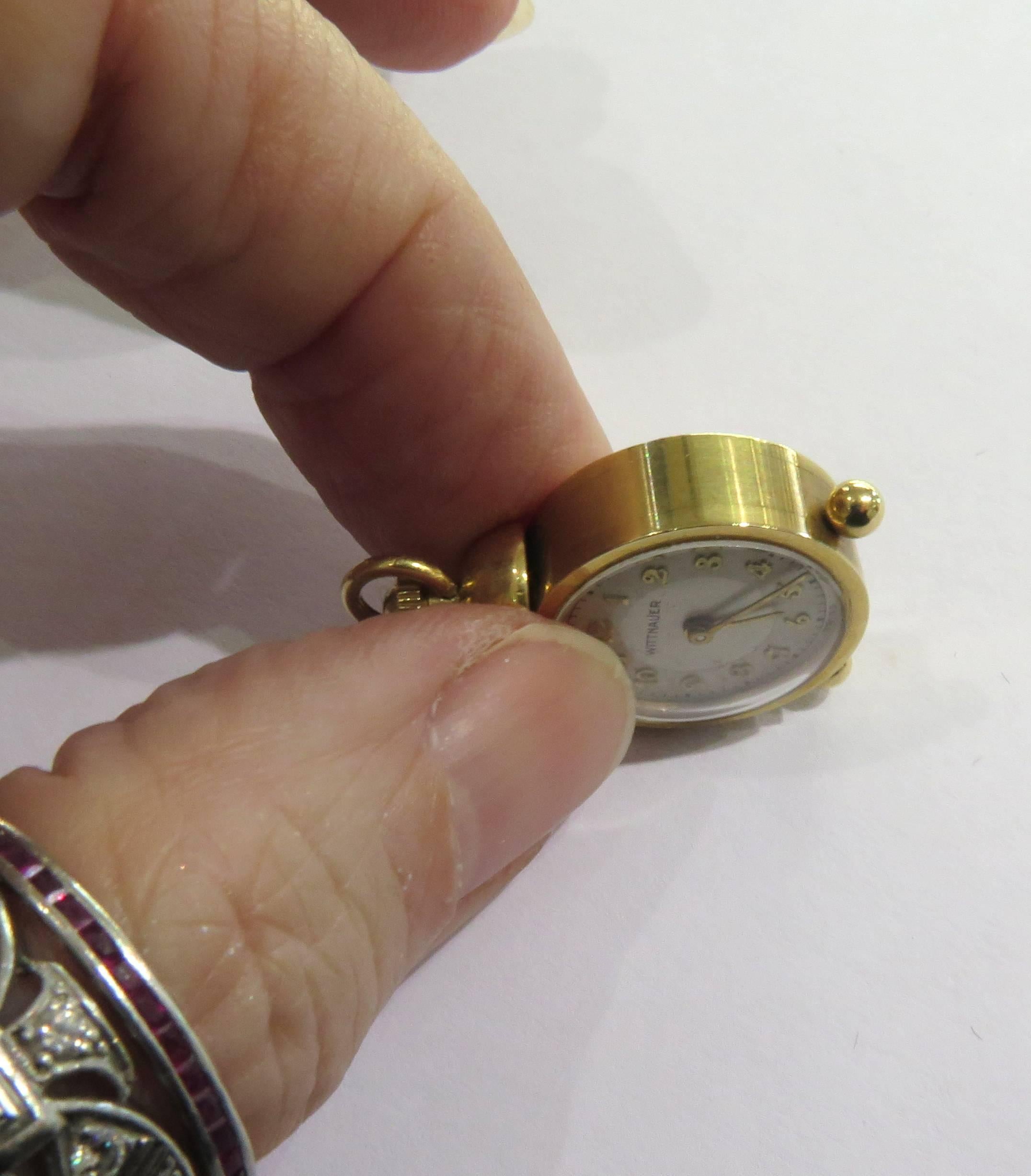 Women's or Men's Unique Miniature Working Wittnauer Alarm Clock Gold Charm Pendant For Sale