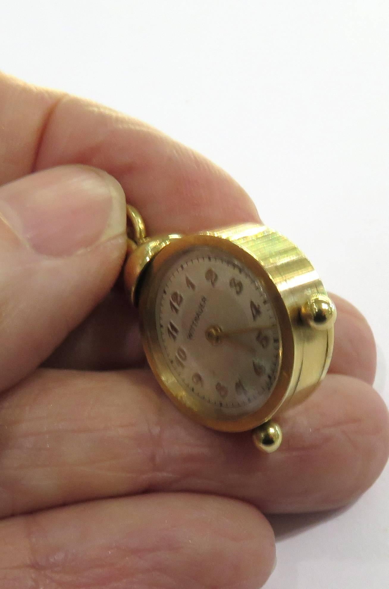 Unique Miniature Working Wittnauer Alarm Clock Gold Charm Pendant For Sale 1