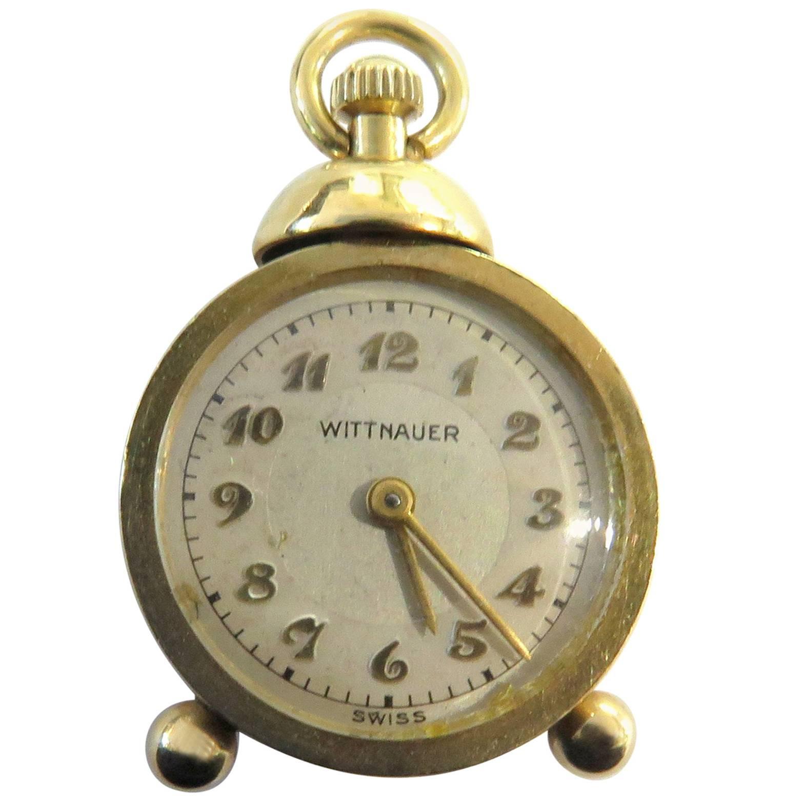 Unique Miniature Working Wittnauer Alarm Clock Gold Charm Pendant For Sale
