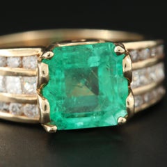 Art Deco 3 Carat Natural Emerald Diamond Engagement Ring, 18K Gold Band Ring