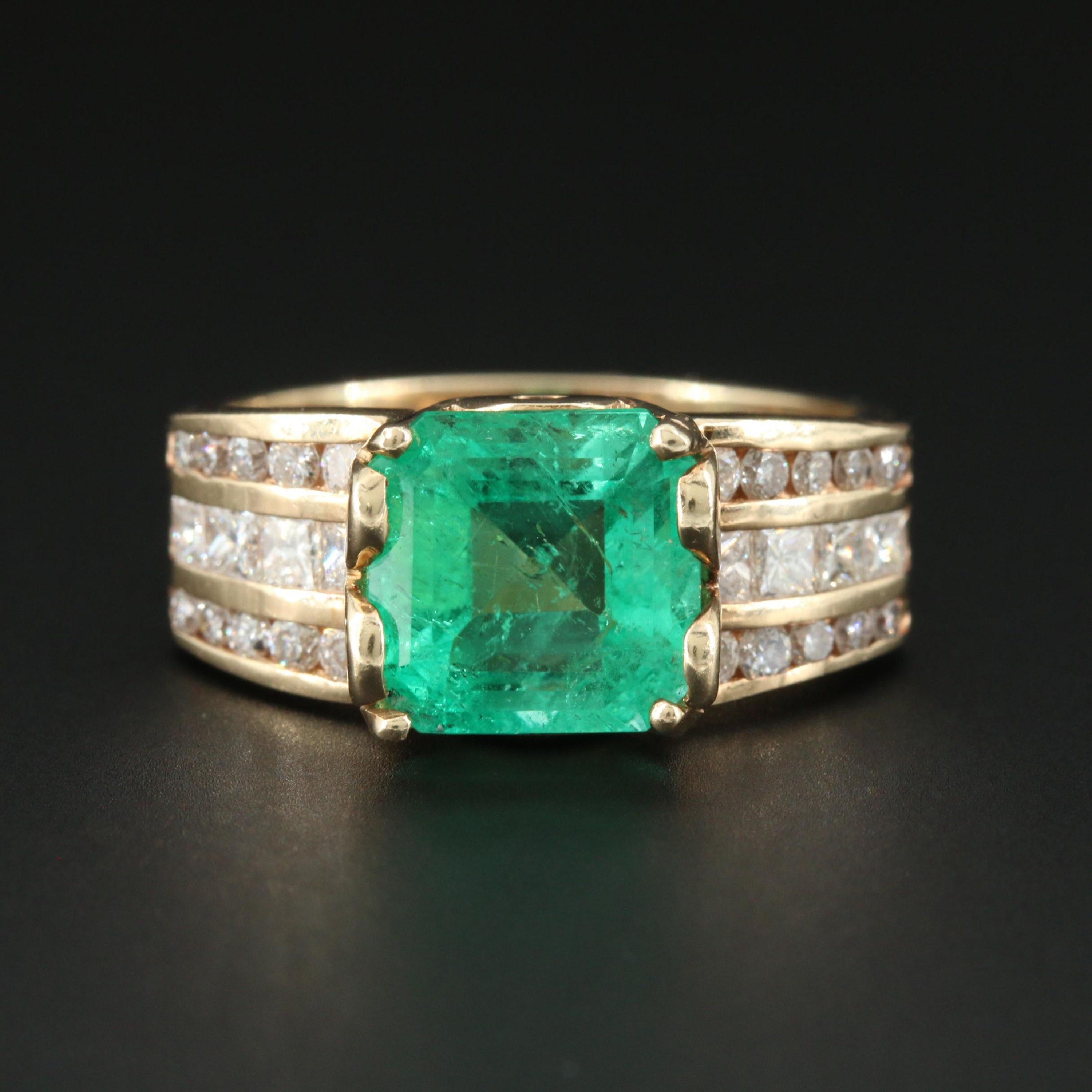 For Sale:  Art Deco 3 Carat Natural Emerald Diamond Engagement Ring, 18K Gold Band Ring 6