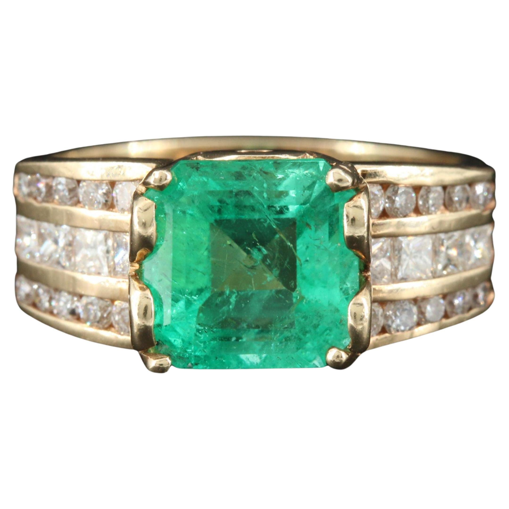 For Sale:  Art Deco 3 Carat Natural Emerald Diamond Engagement Ring, 18K Gold Band Ring