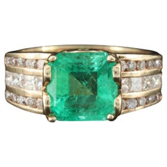 Art Deco 3 Carat Natural Emerald Diamond Engagement Ring, 18K Gold Band Ring