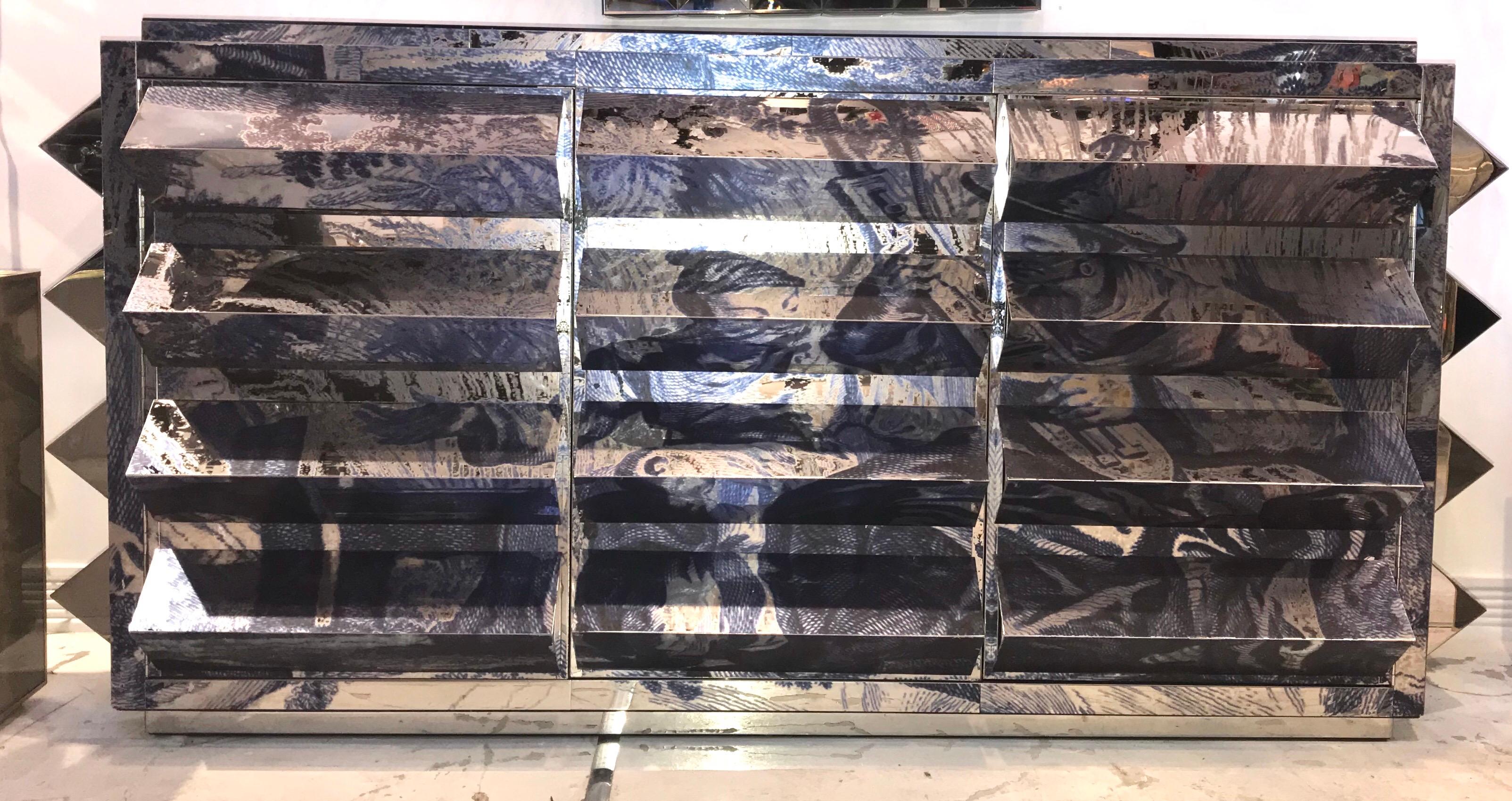 Unique Mirror Polished Printed Stainless Steel Sculptural Credenza 7