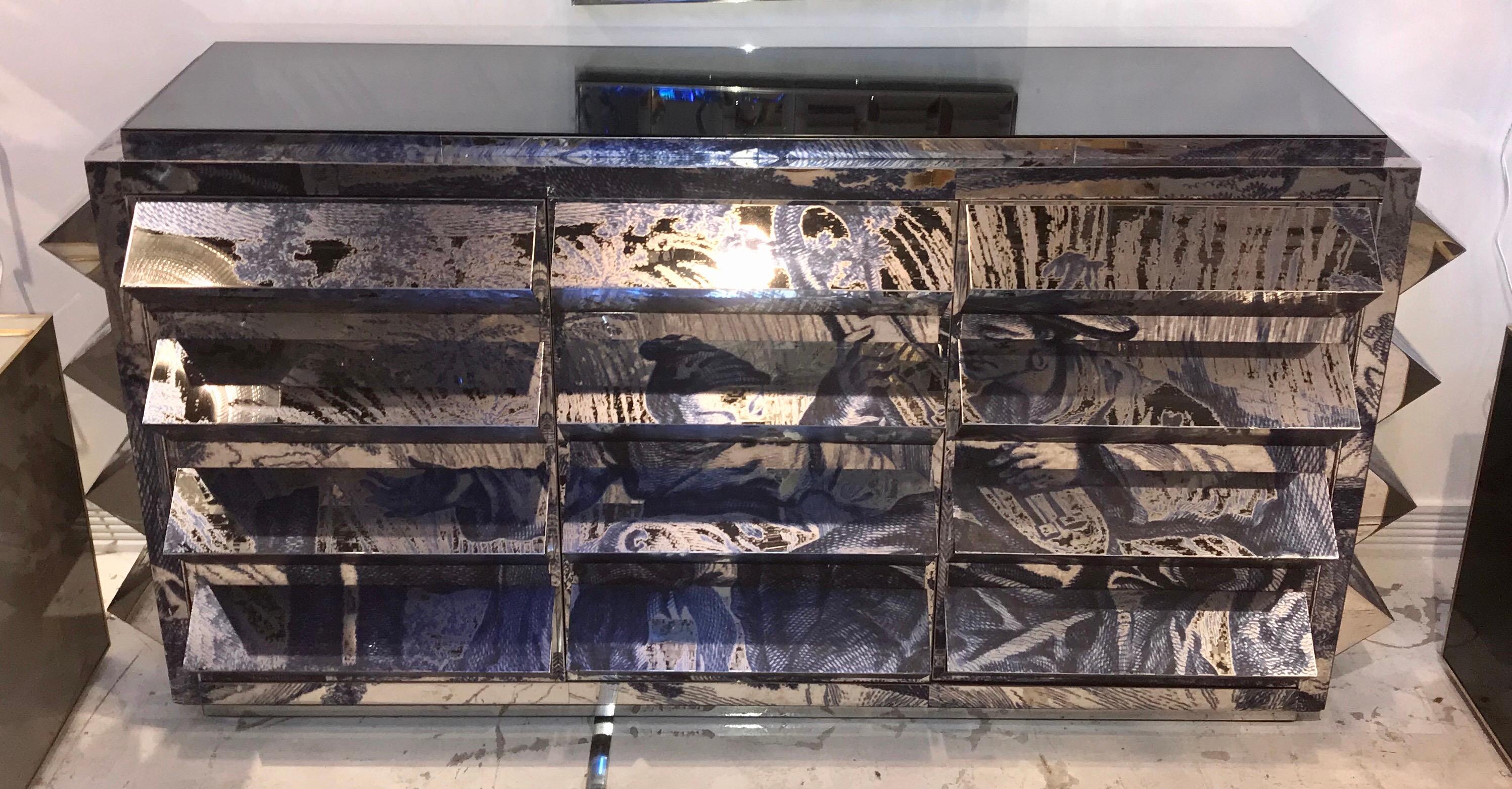 Unique Mirror Polished Printed Stainless Steel Sculptural Credenza 10