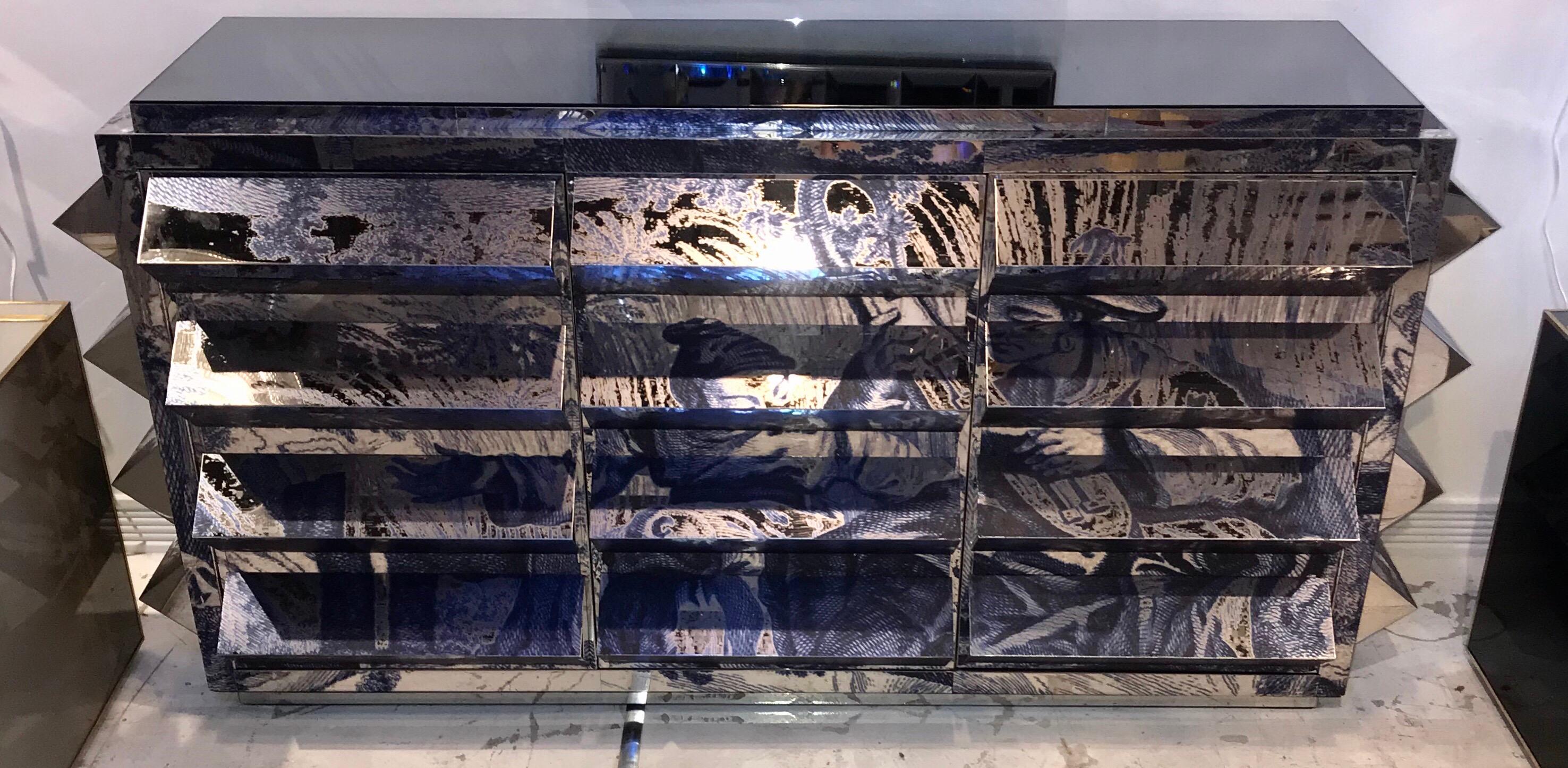 Unique Mirror Polished Printed Stainless Steel Sculptural Credenza 11
