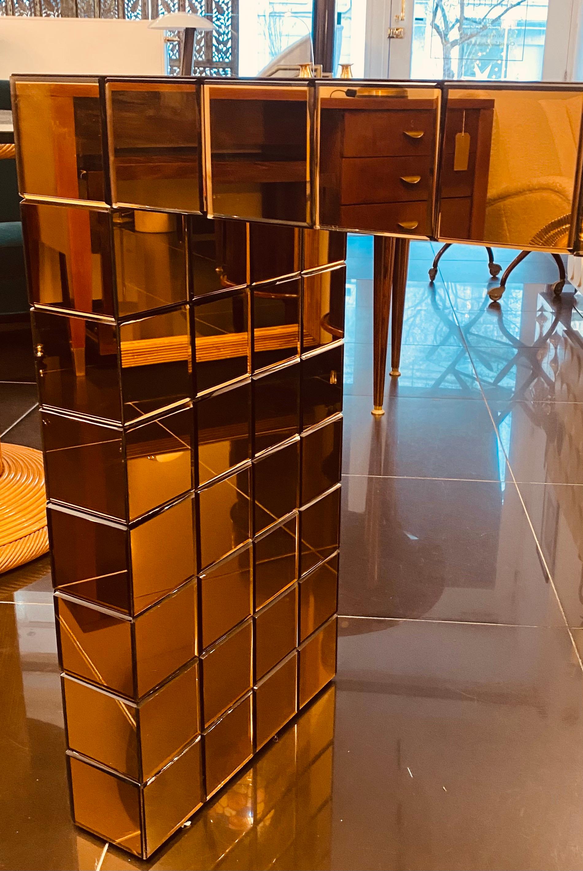 Italian Unique Mirrored Copper Glass Center Console Table