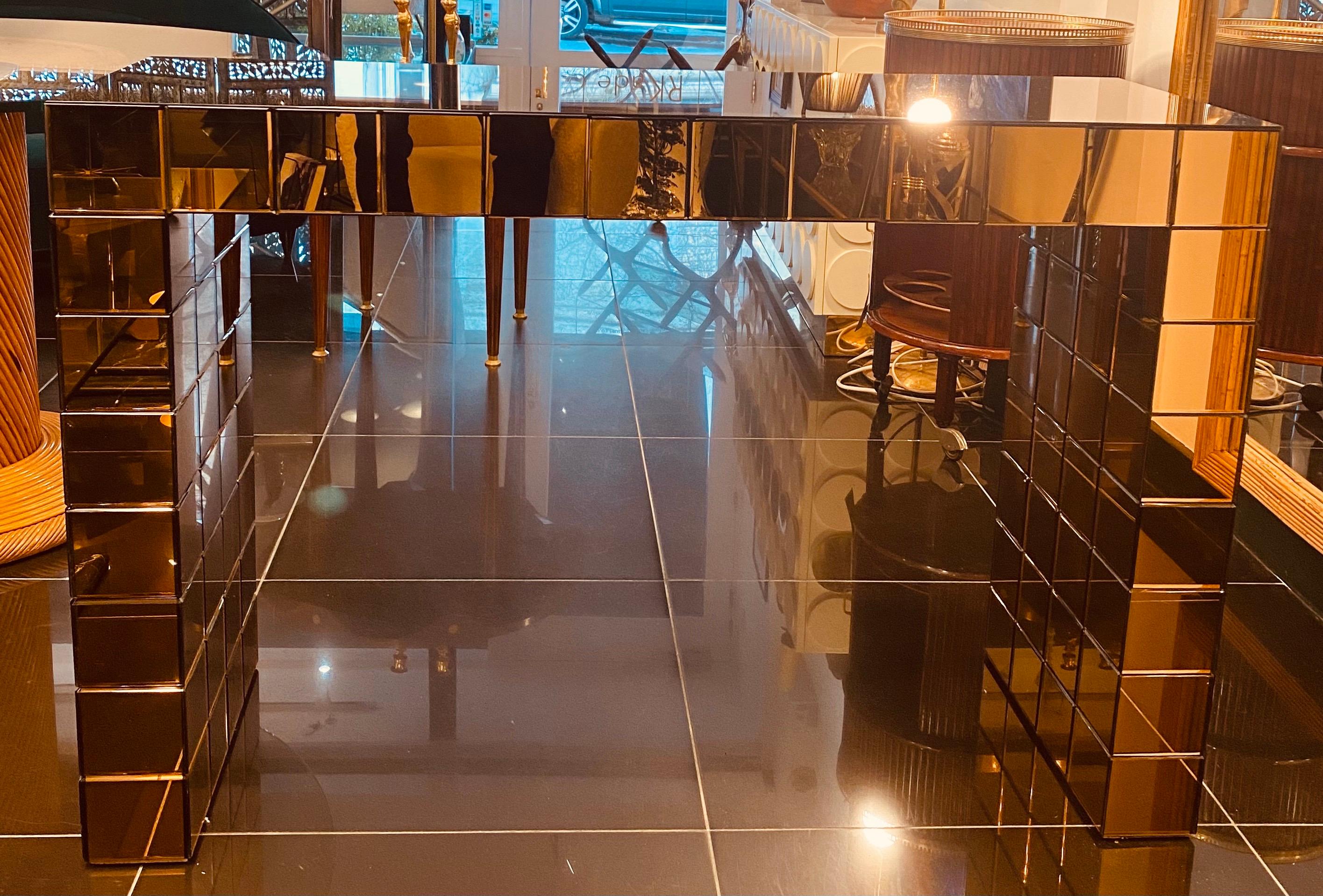 Contemporary Unique Mirrored Copper Glass Center Console Table