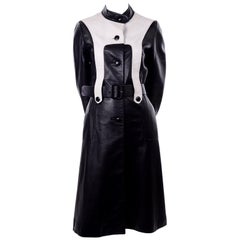 Unique Mod Black & White Leather 1970's Vintage Coat With Belt