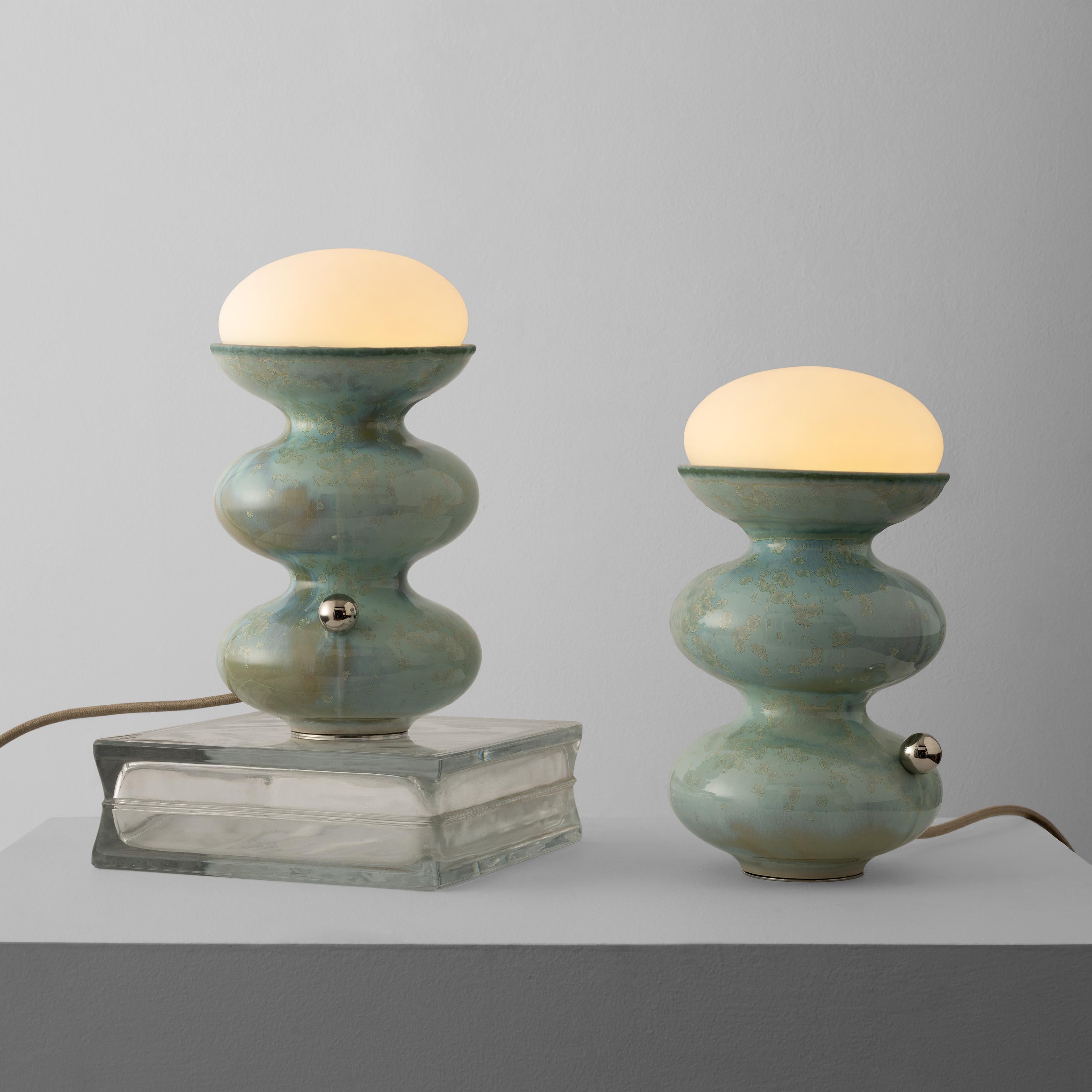 Brass Unique Modern Handmade Ceramic Wave Form Table Lamp in blue Crystal Aqua Glaze For Sale