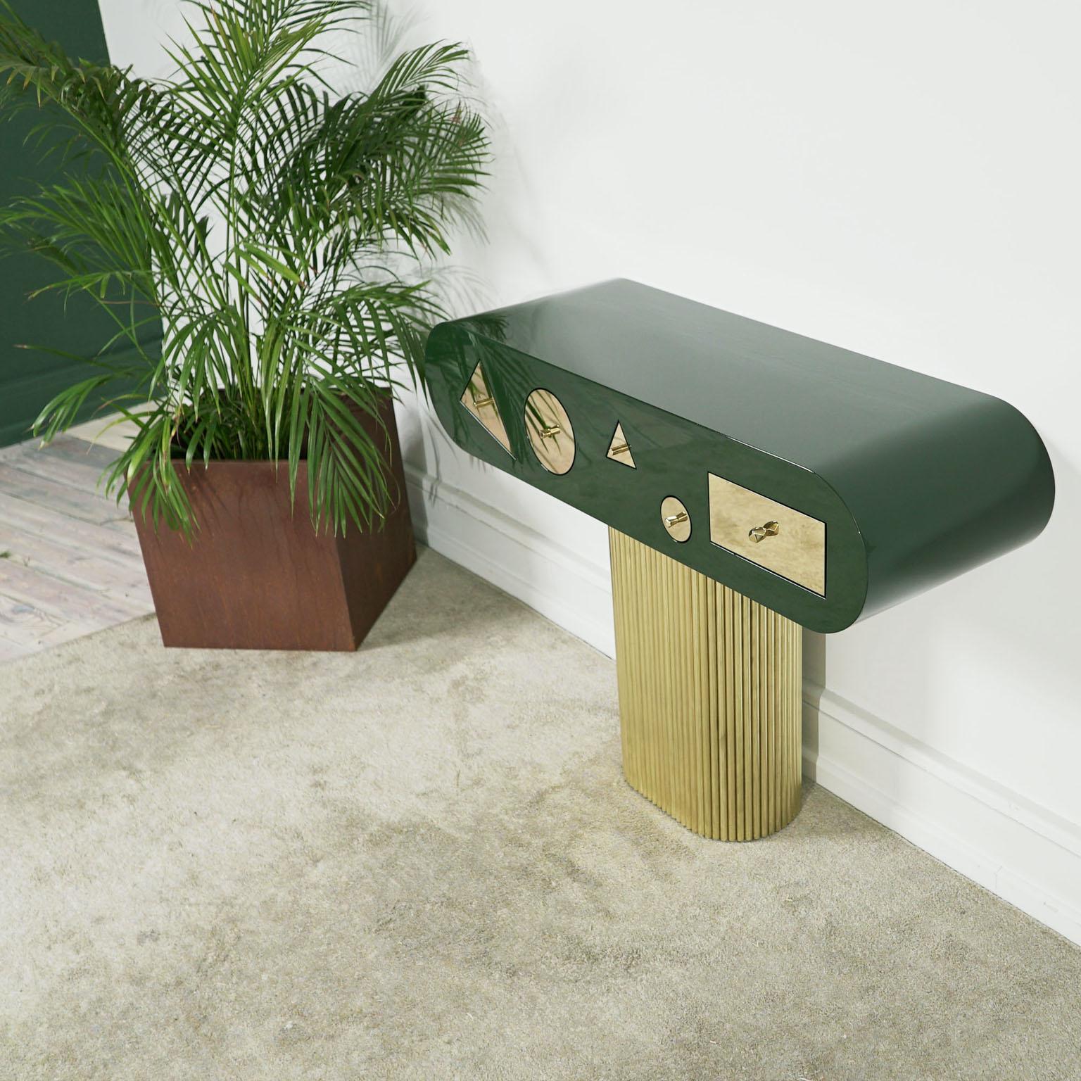 Modern Contemporary Green, Black, White, Jewelry Console with Brass base For Sale