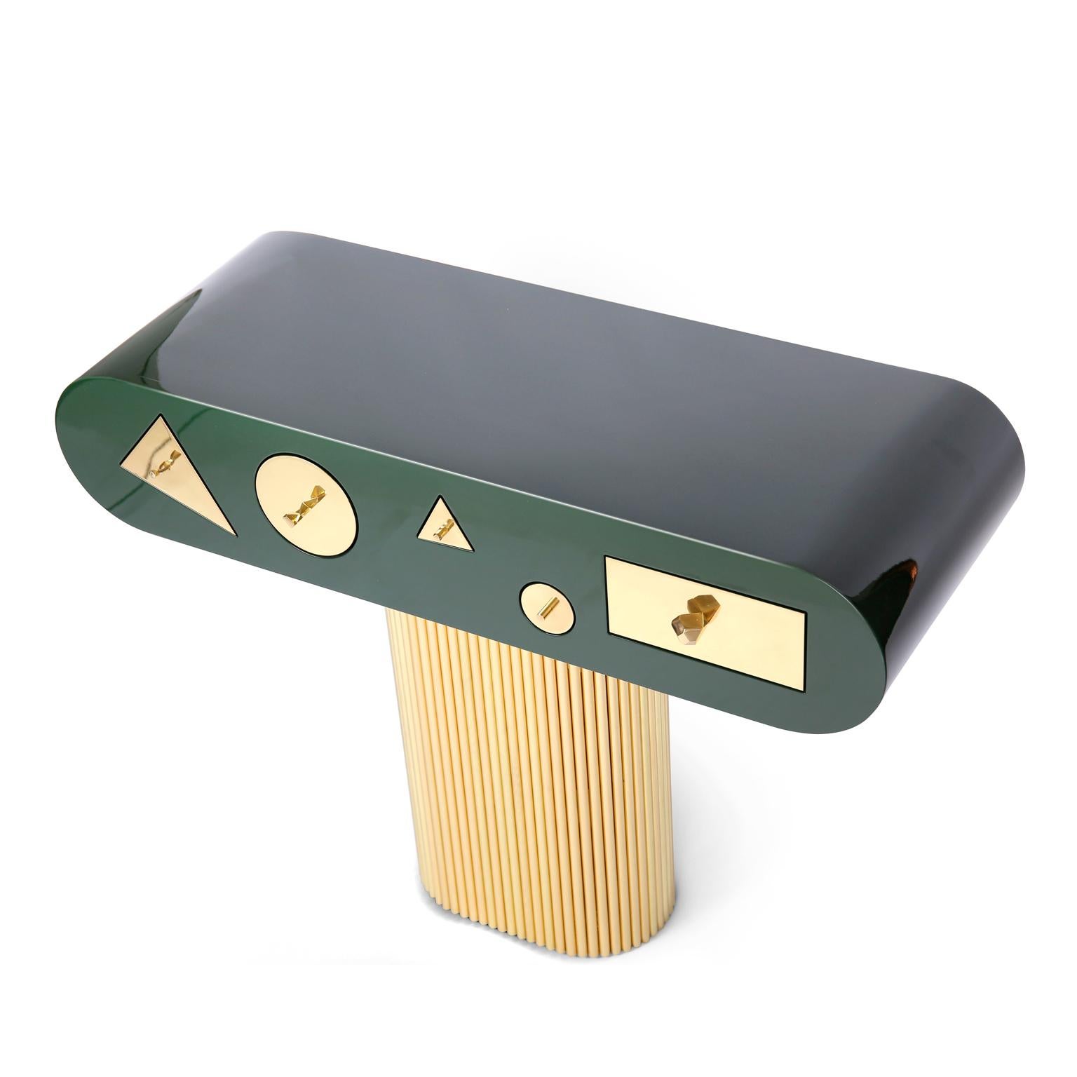 Brass Contemporary Black, White, Green Console with Gold base For Sale