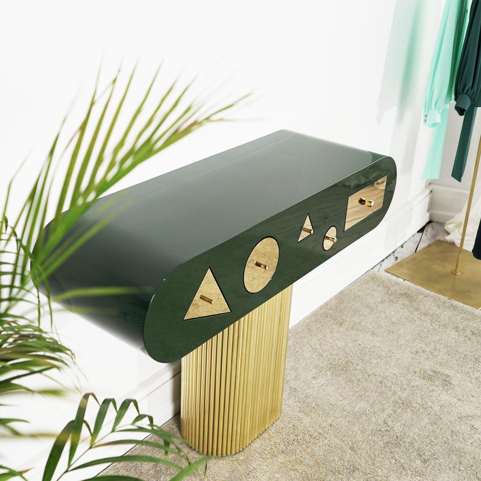 Contemporary Blue, White, Black, Green Console with gold base For Sale 4