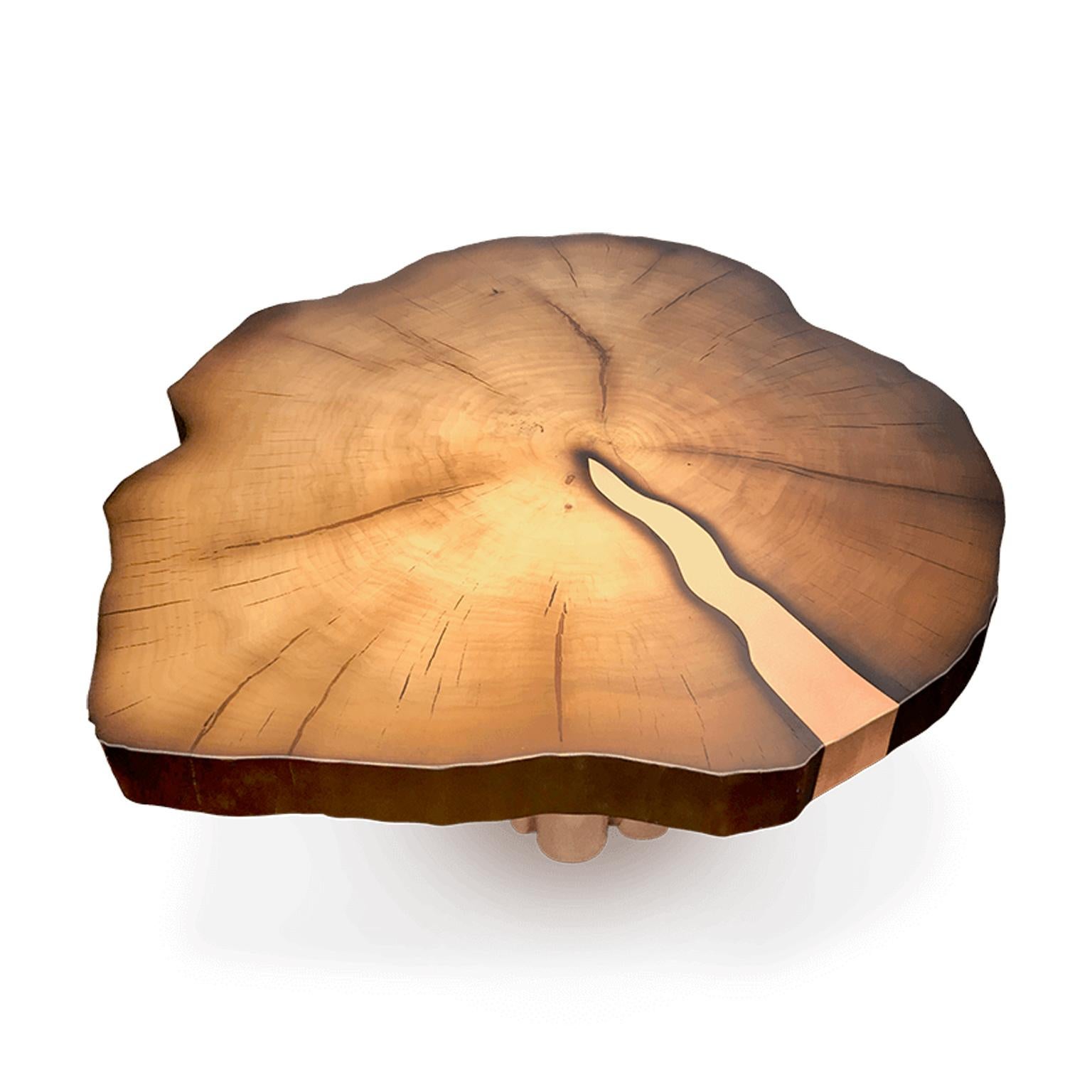 Cette table basse de luxe Organ combine un bois riche avec des pieds en cuivre brillant. La finition huilée est merveilleusement lisse au toucher et a un aspect fantastique. Une incrustation en cuivre est soigneusement encastrée dans un vieux bois.