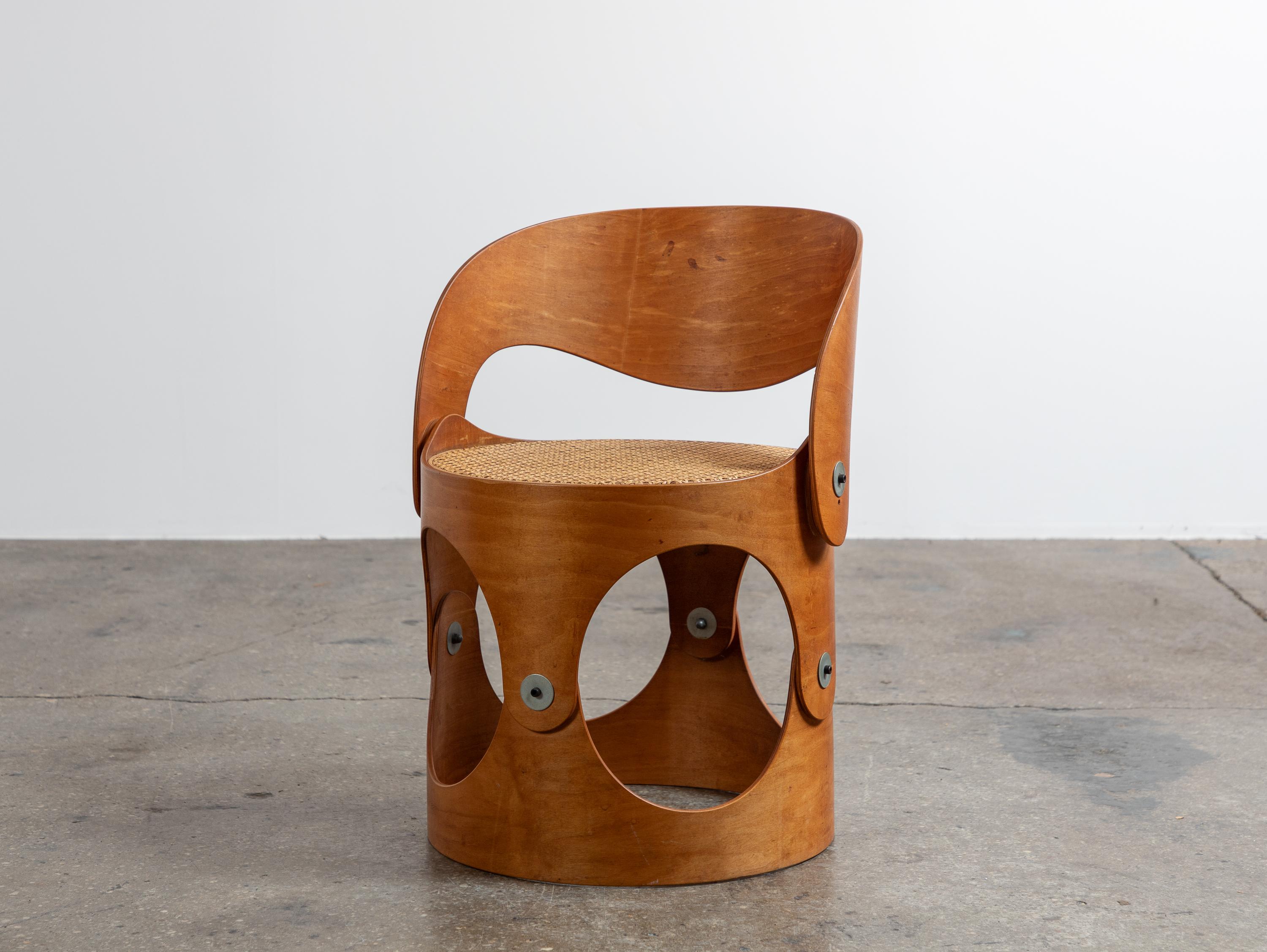American Unique Modernist Bent Plywood Cane Chair by Leandre Poisson For Sale