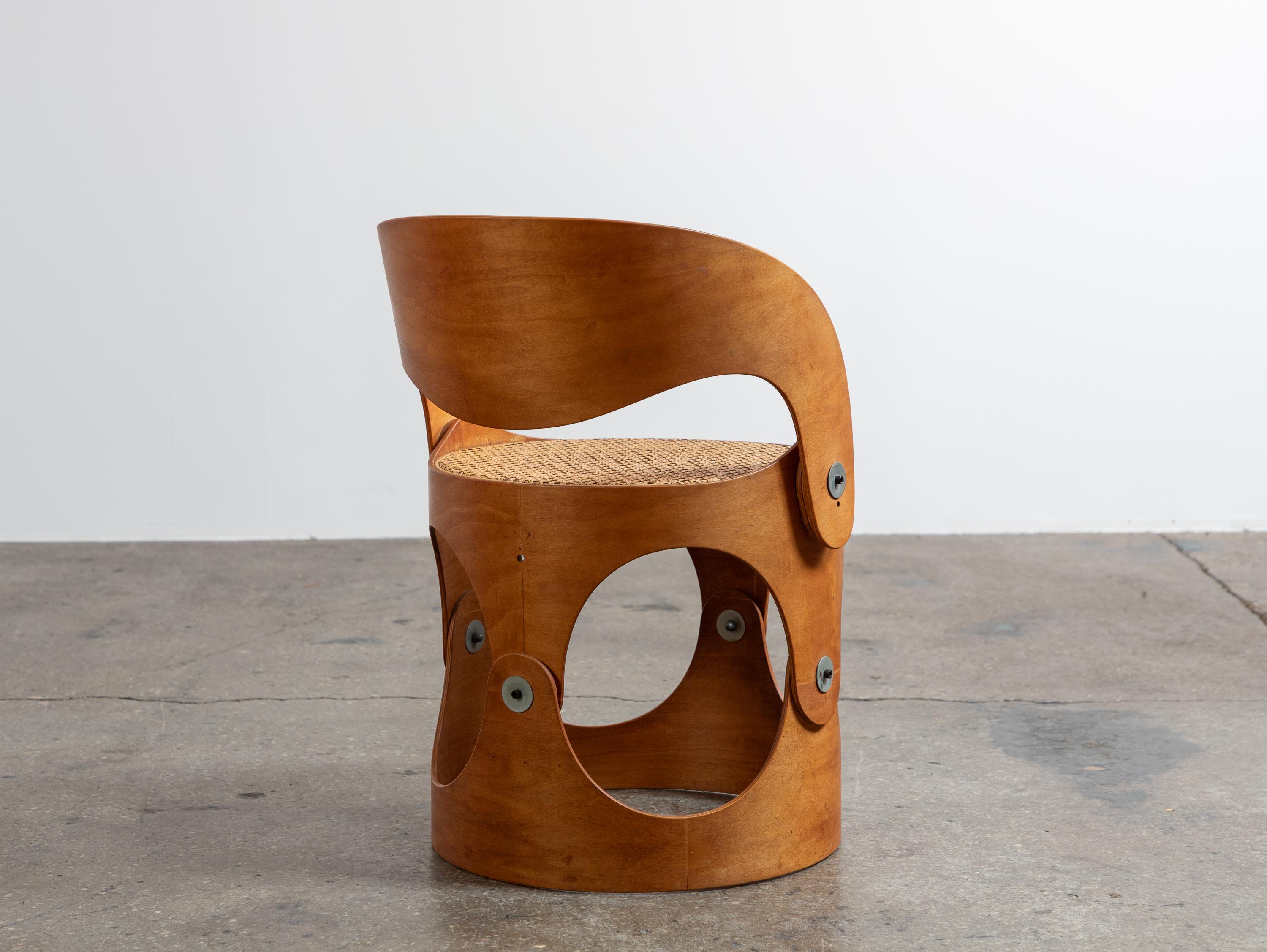 Unique Modernist Bent Plywood Cane Chair by Leandre Poisson In Good Condition For Sale In Brooklyn, NY
