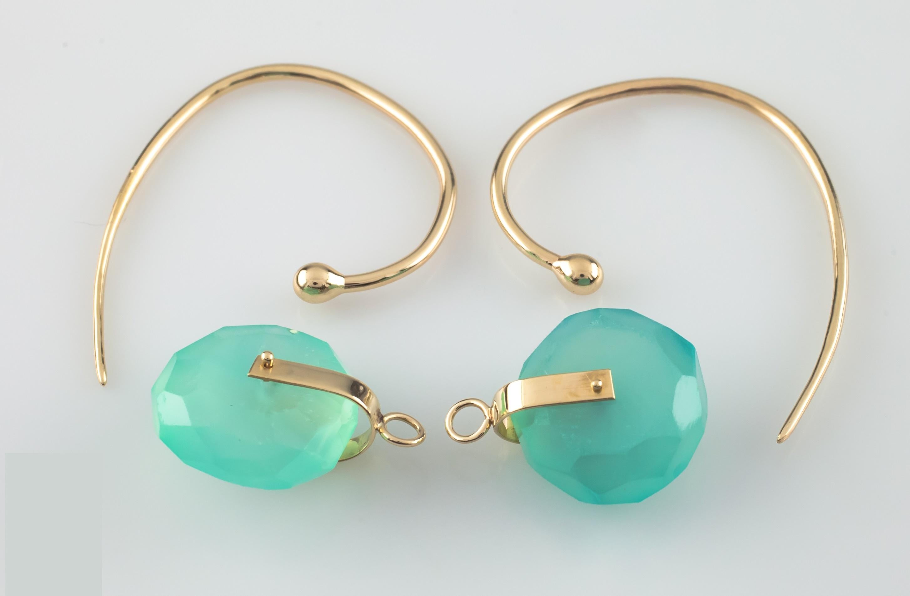 Mixed Cut Unique Modernist Gold Tone Hook Earrings with Dangling Aqua Quartz Wheels For Sale