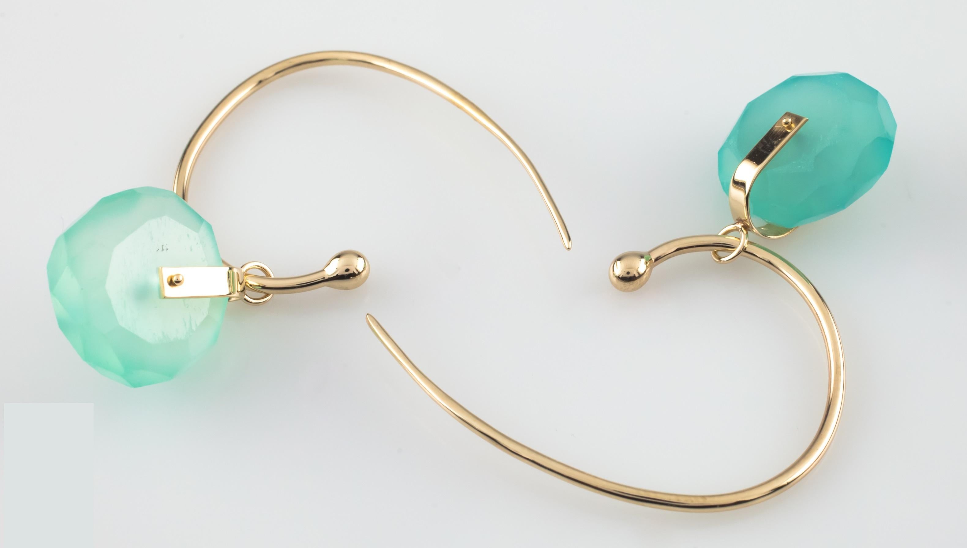 Women's Unique Modernist Gold Tone Hook Earrings with Dangling Aqua Quartz Wheels For Sale