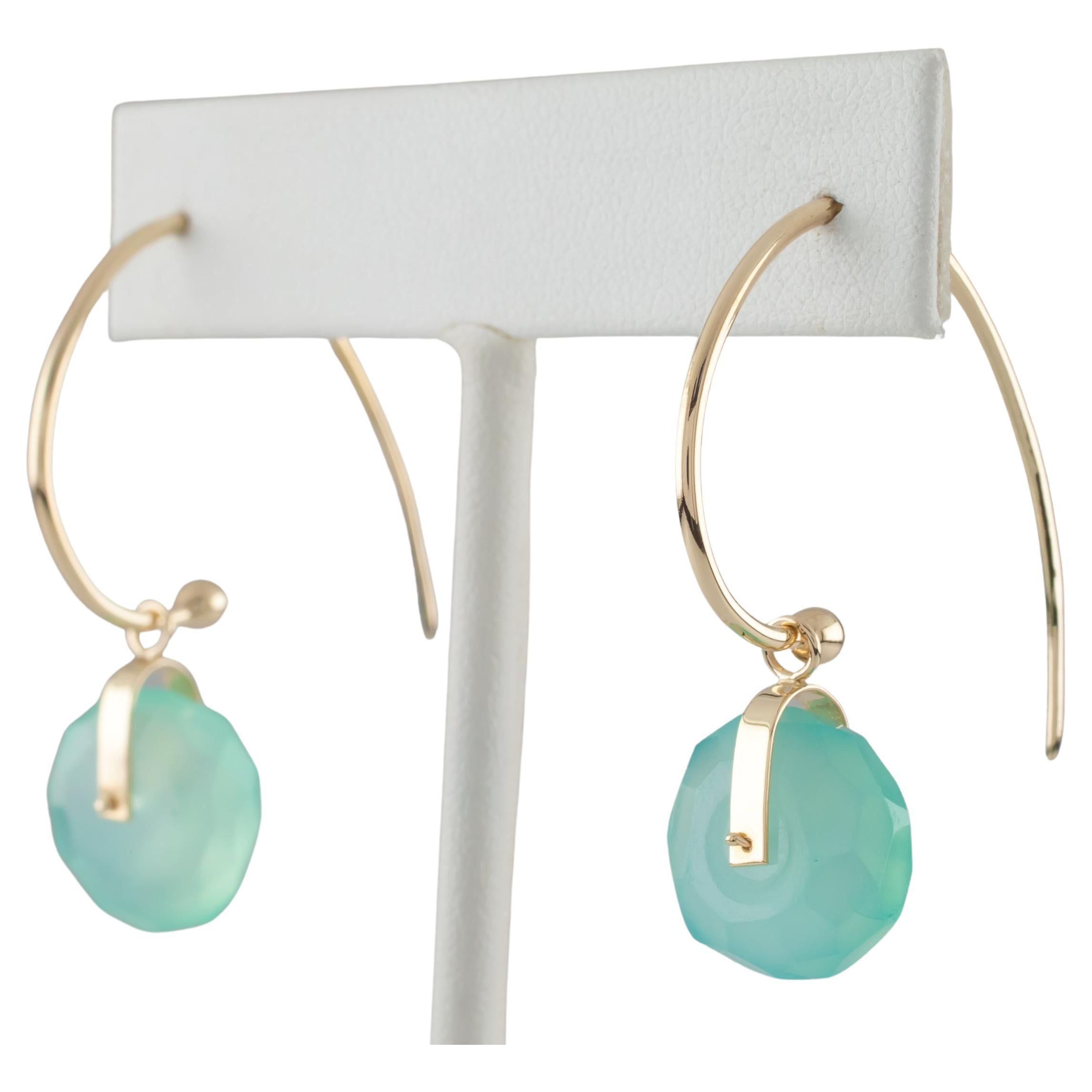 Unique Modernist Gold Tone Hook Earrings with Dangling Aqua Quartz Wheels For Sale