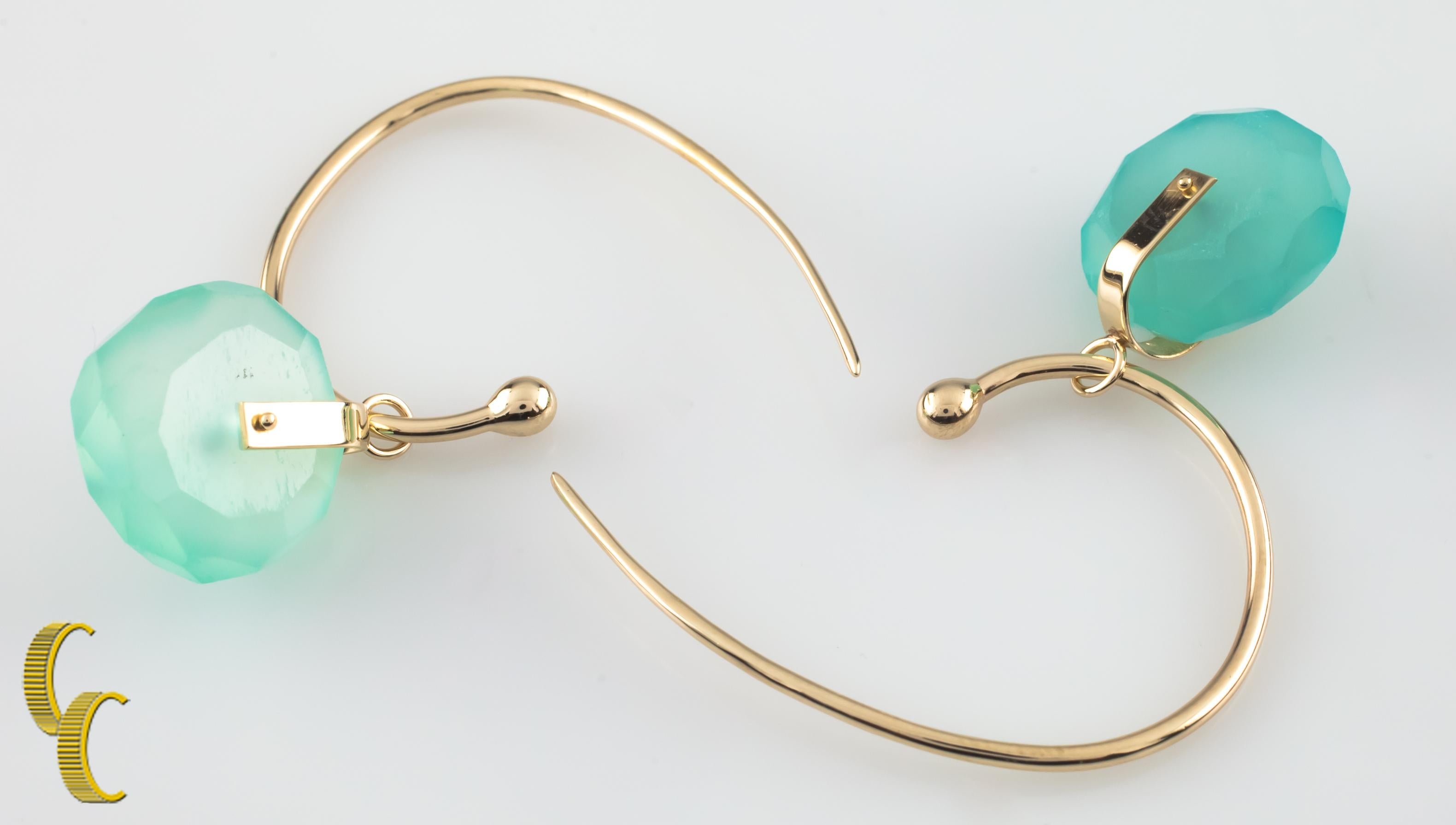 Unique Modernist Gold-Tone Hook Earrings with Dangling Blue Quartz Wheels In Good Condition For Sale In Van Nuys, CA