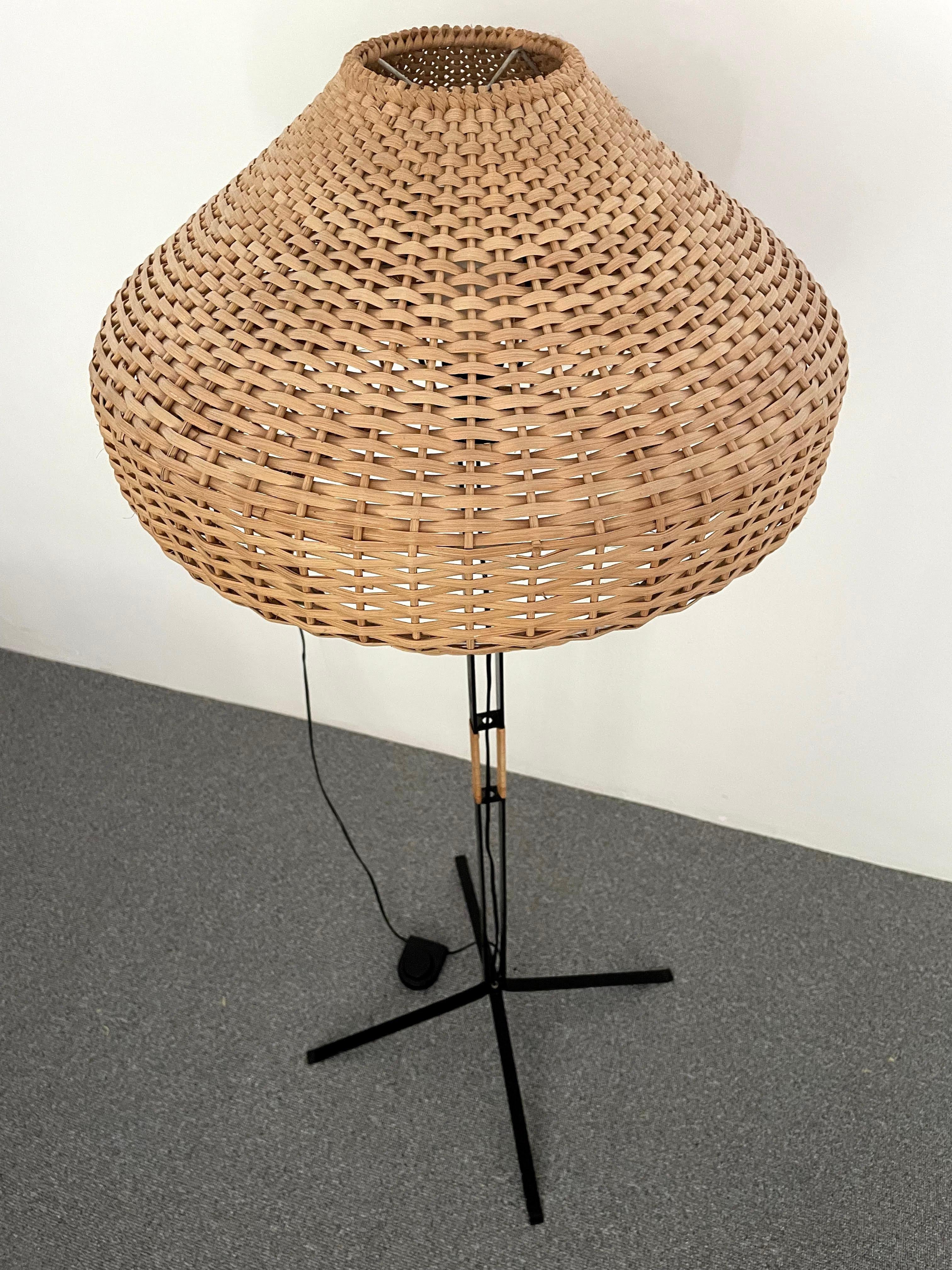Mid-Century Modern Unique  Modernist Iron and Wicker Floor Lamp, Hungary, 1950s