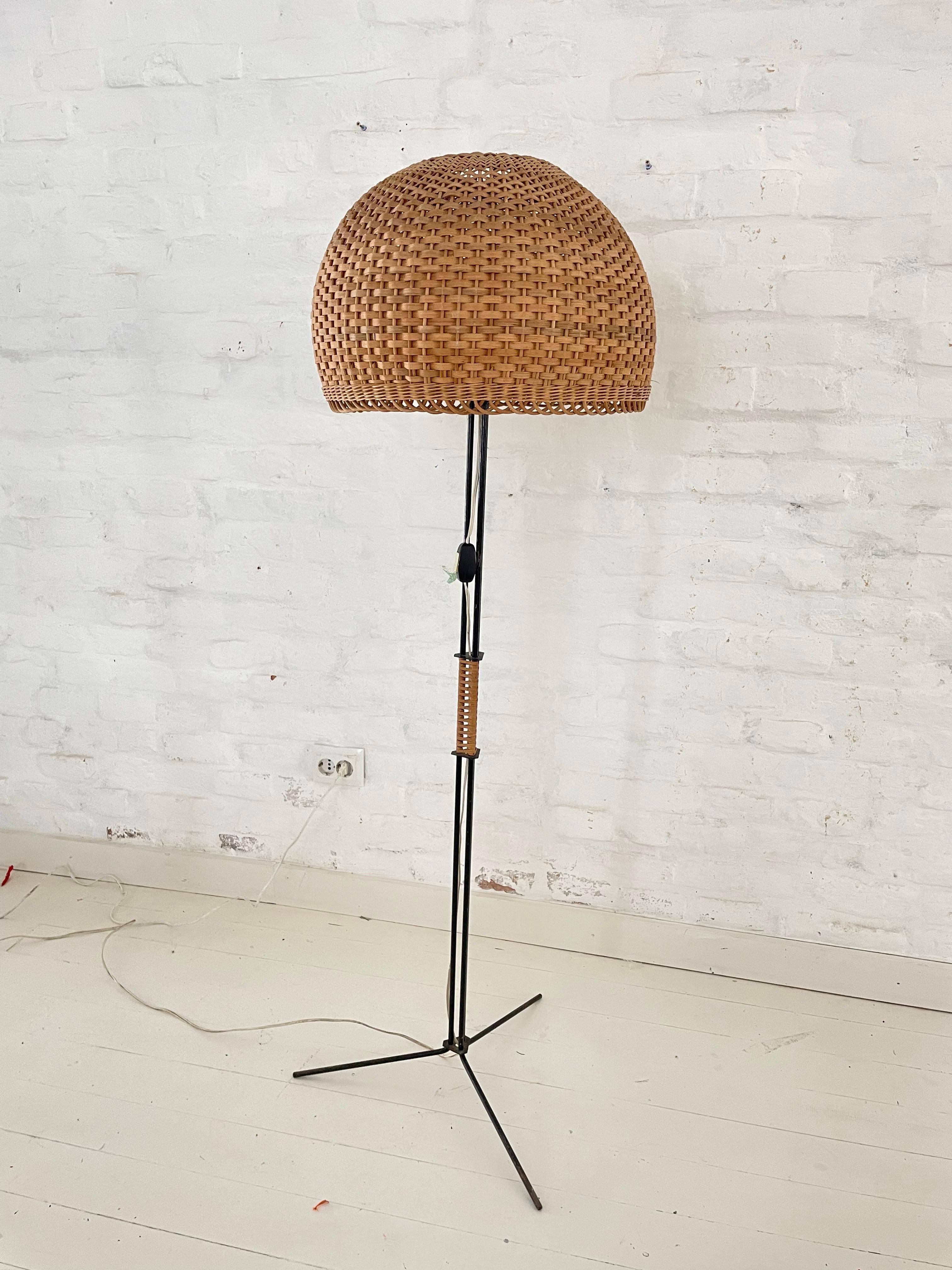 Mid-Century Modern Unique  Modernist Iron and Wicker Floor Lamp, Hungary, 1950s For Sale