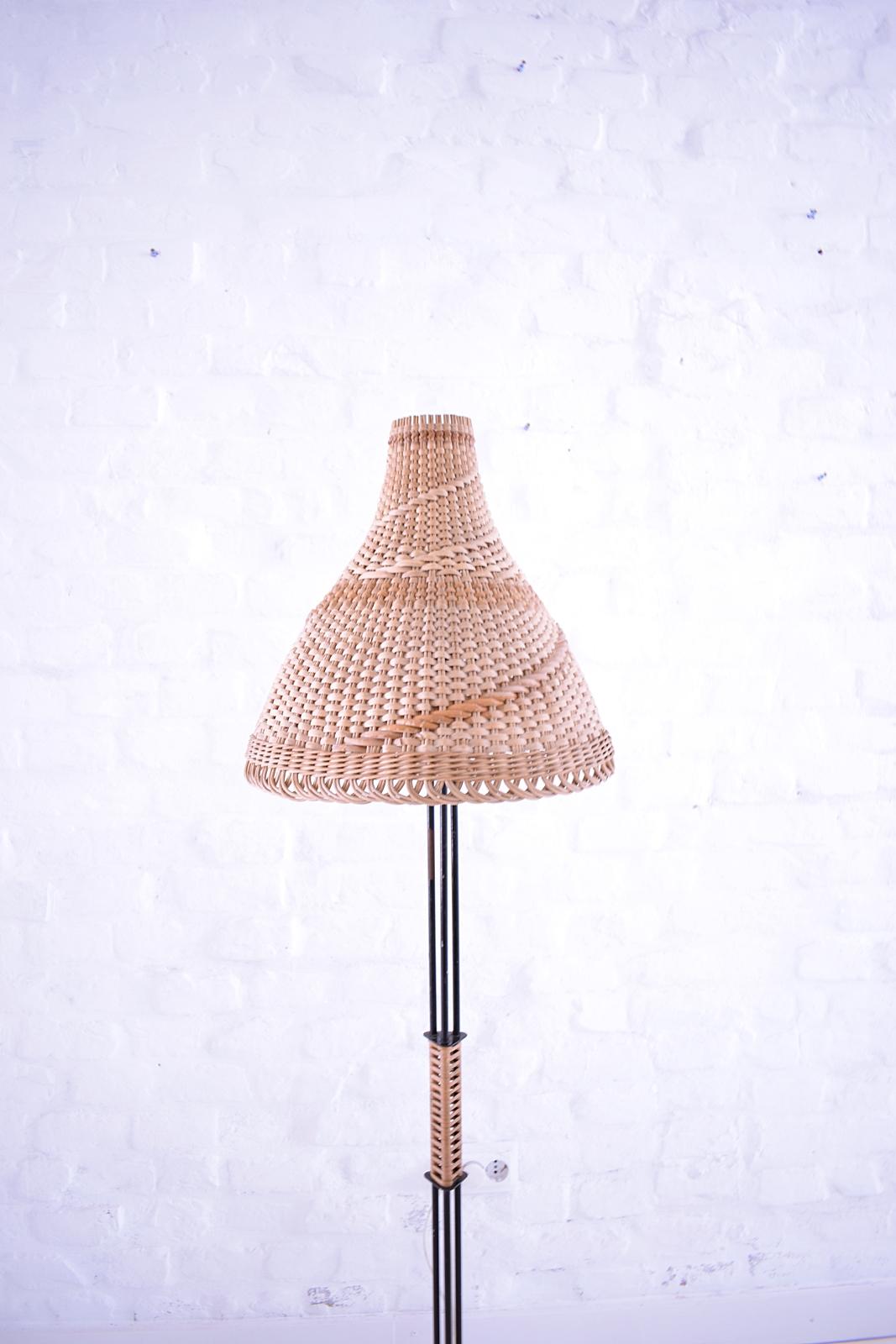 Enameled Unique  Modernist Iron and Wicker Floor Lamp, Hungary, 1950s