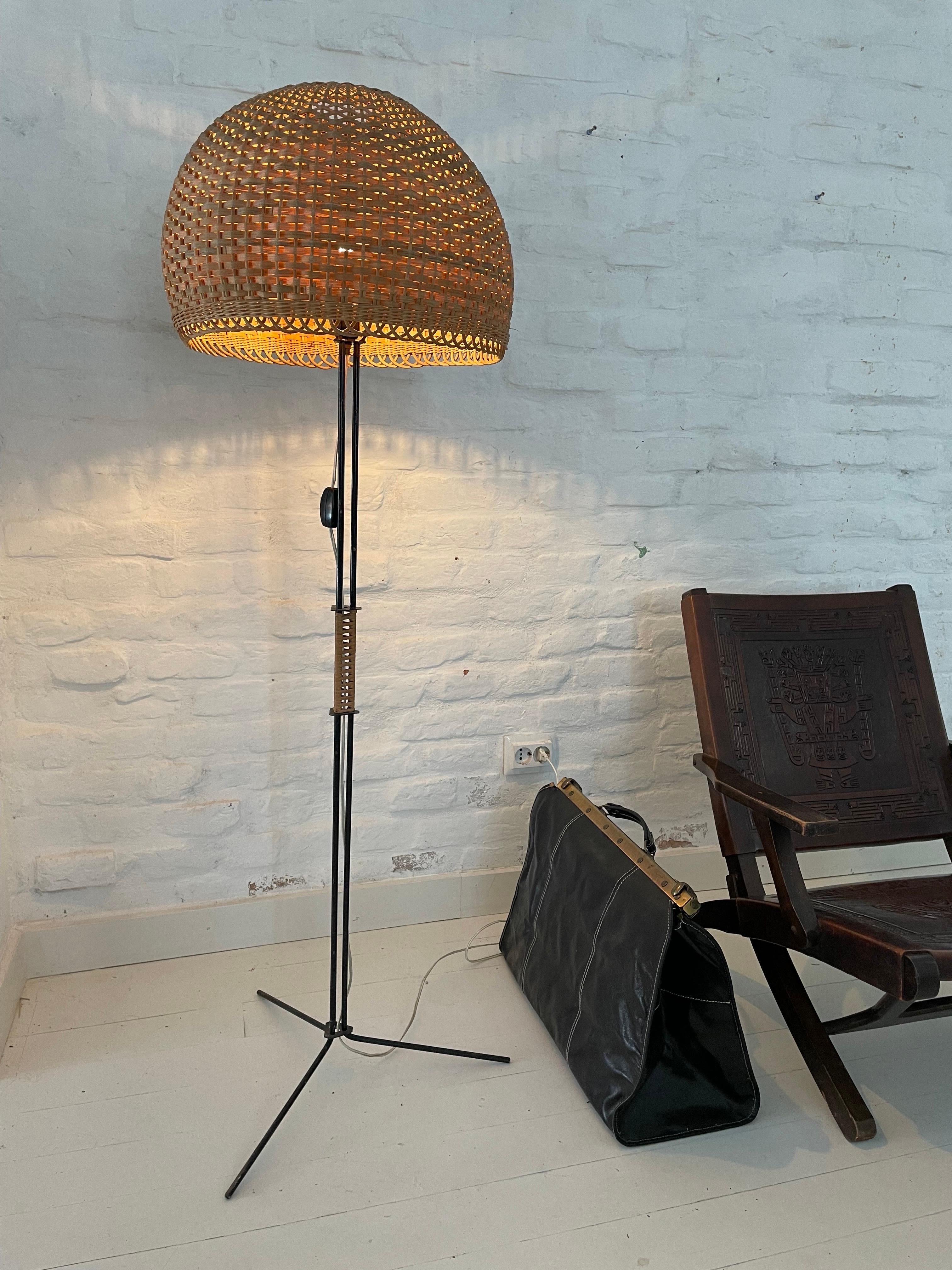 Enameled Unique  Modernist Iron and Wicker Floor Lamp, Hungary, 1950s For Sale