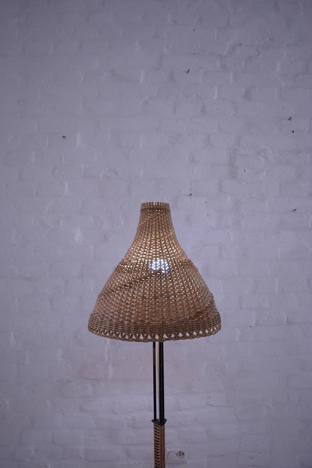 20th Century Unique  Modernist Iron and Wicker Floor Lamp, Hungary, 1950s