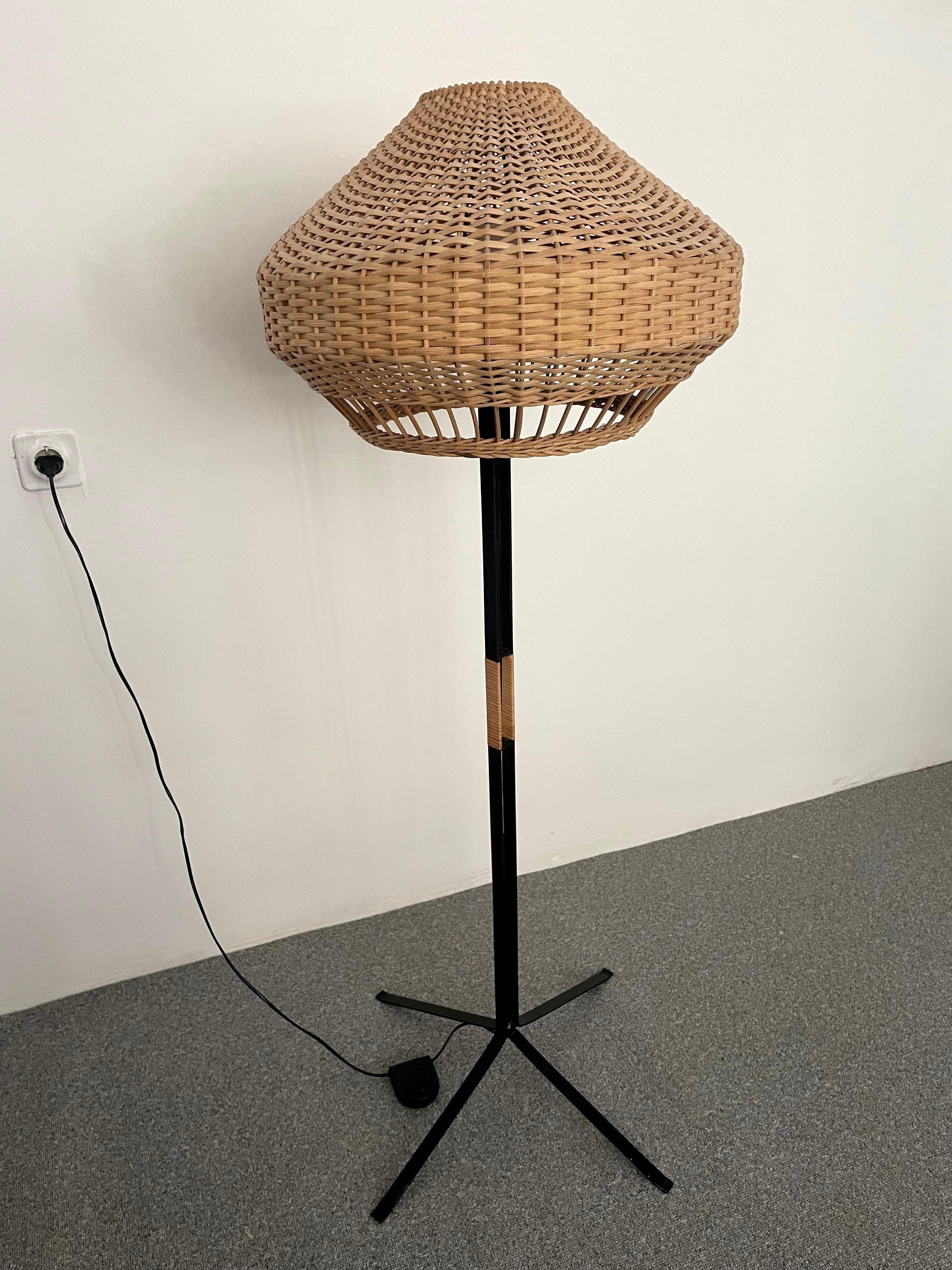 20th Century Unique  Modernist Iron and Wicker Floor Lamp, Hungary, 1950s