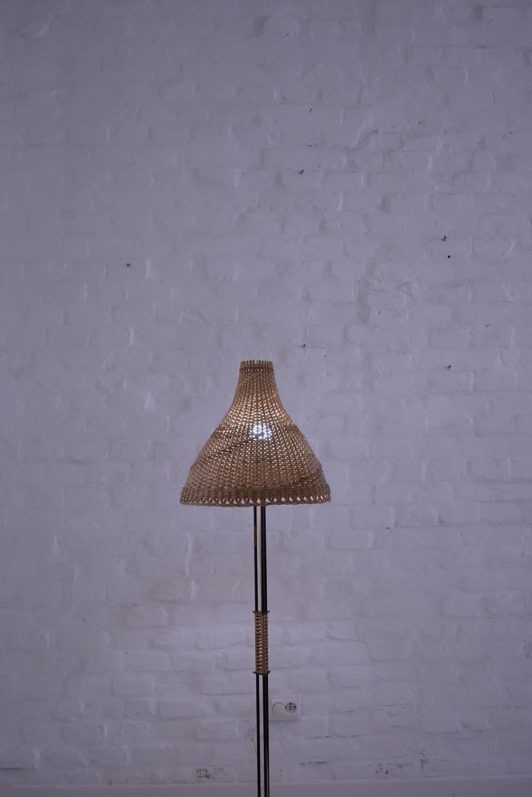 Unique  Modernist Iron and Wicker Floor Lamp, Hungary, 1950s 1