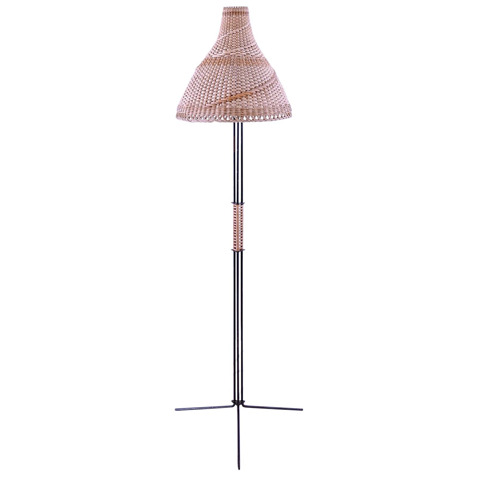 Unique  Modernist Iron and Wicker Floor Lamp, Hungary, 1950s