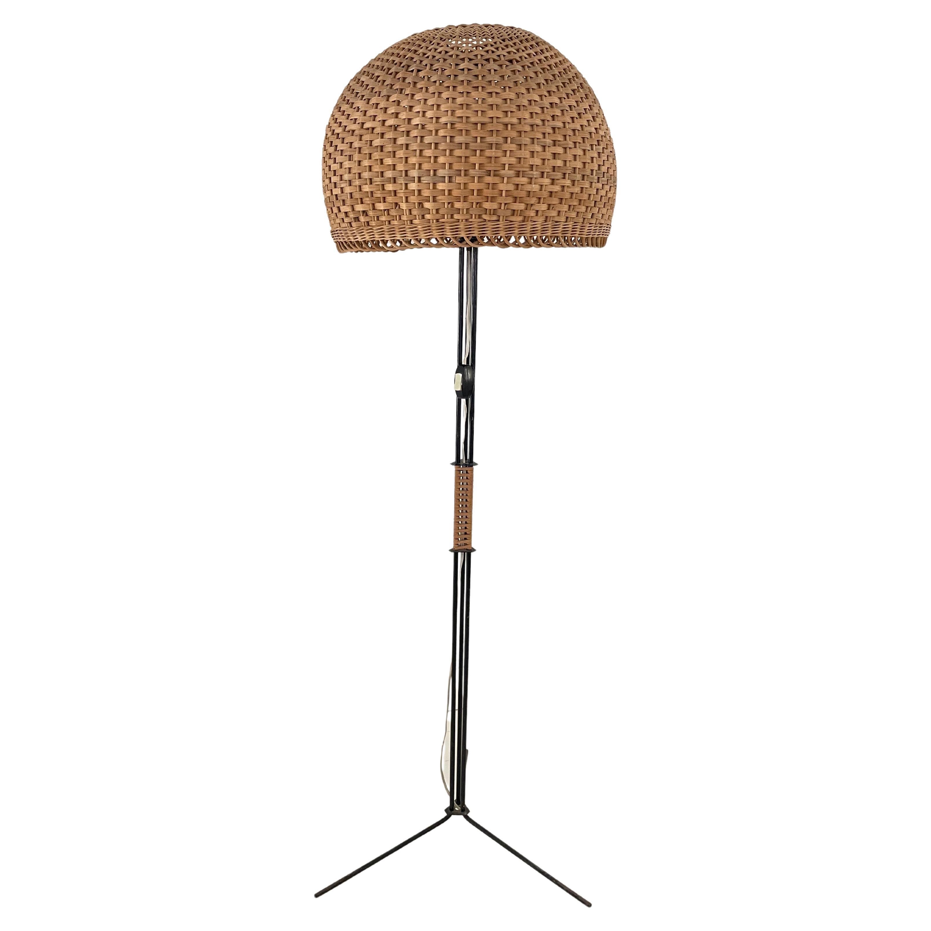 Unique  Modernist Iron and Wicker Floor Lamp, Hungary, 1950s For Sale