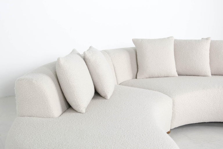 Unique Modular Curved Sofa with Teddy Fur Boucle and Pinewood Legs at