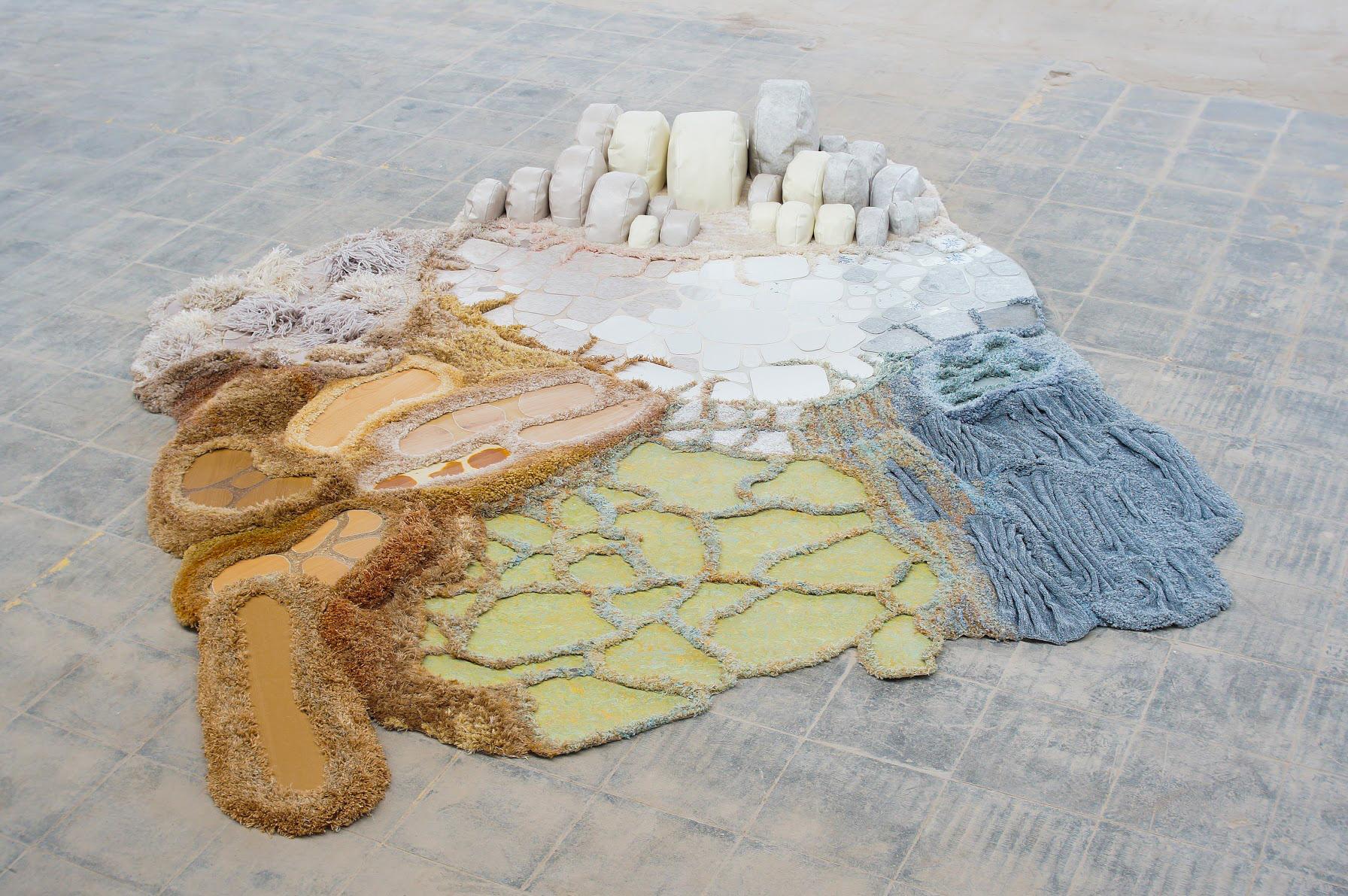 Unique Molten Memories Floor Sculpture by Sarah Roseman
Dimensions: D 300cm x W 265cm x H 45cm
Materials: Textile (cotton, jute, wool, acrylic, polypropylene), vinyl, ceramic tile, polyurethane rubber, laminate wood, linoleum, polyurethane