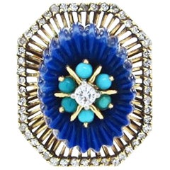 Unique Monumental, 1970s 14 Karat, Lapis Turquoise and Diamond Ring