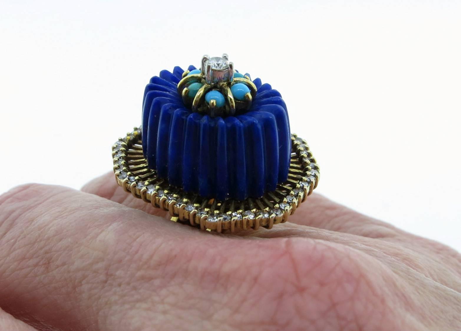 Women's Unique Monumental, 1970s 14 Karat, Lapis Turquoise and Diamond Ring
