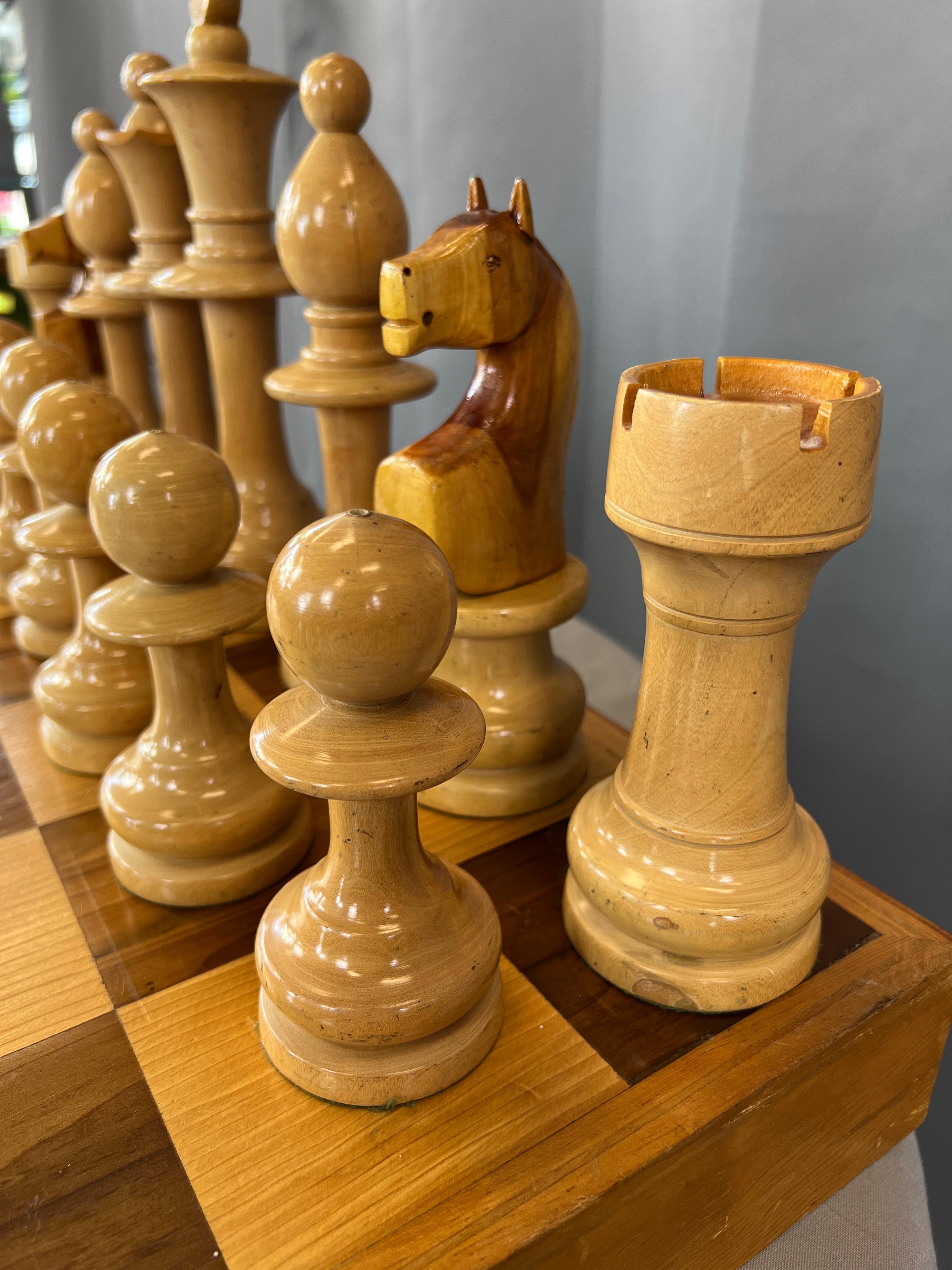 Unique & Monumental Hand Crafted Wooden Chess Set 33pc In Fair Condition In San Francisco, CA